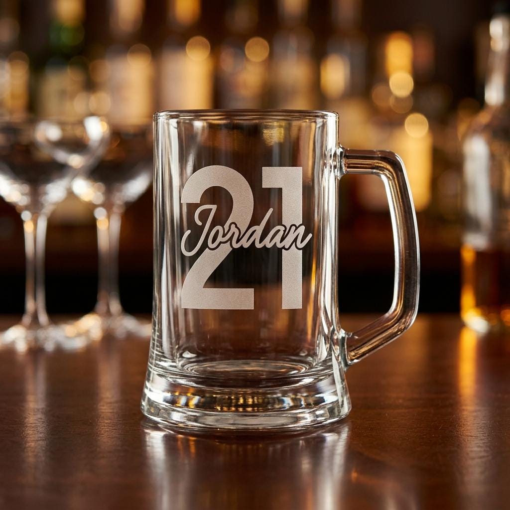 Personalised glass beer mug engraved with a custom name and milestone number, custom beer stein for birthdays and groomsmen gifts