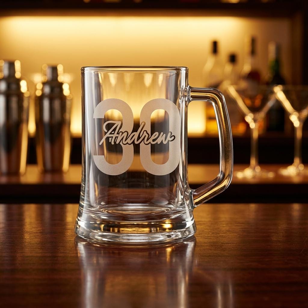 Personalised glass beer mug engraved with a custom name and milestone number, custom beer stein for birthdays and groomsmen gifts