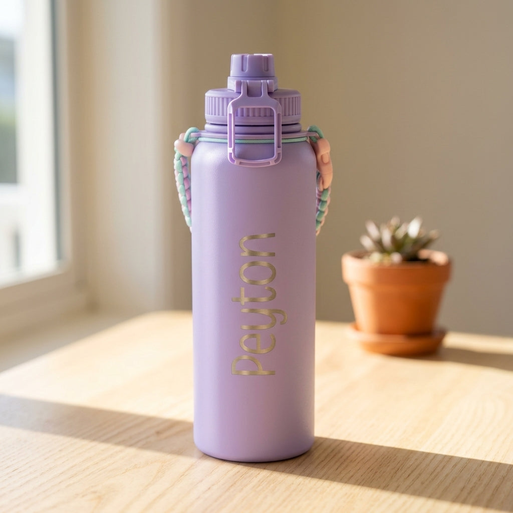 Rear perspective of the lilac personalised water bottle with woven handle clipped behind the leak proof sports spout.