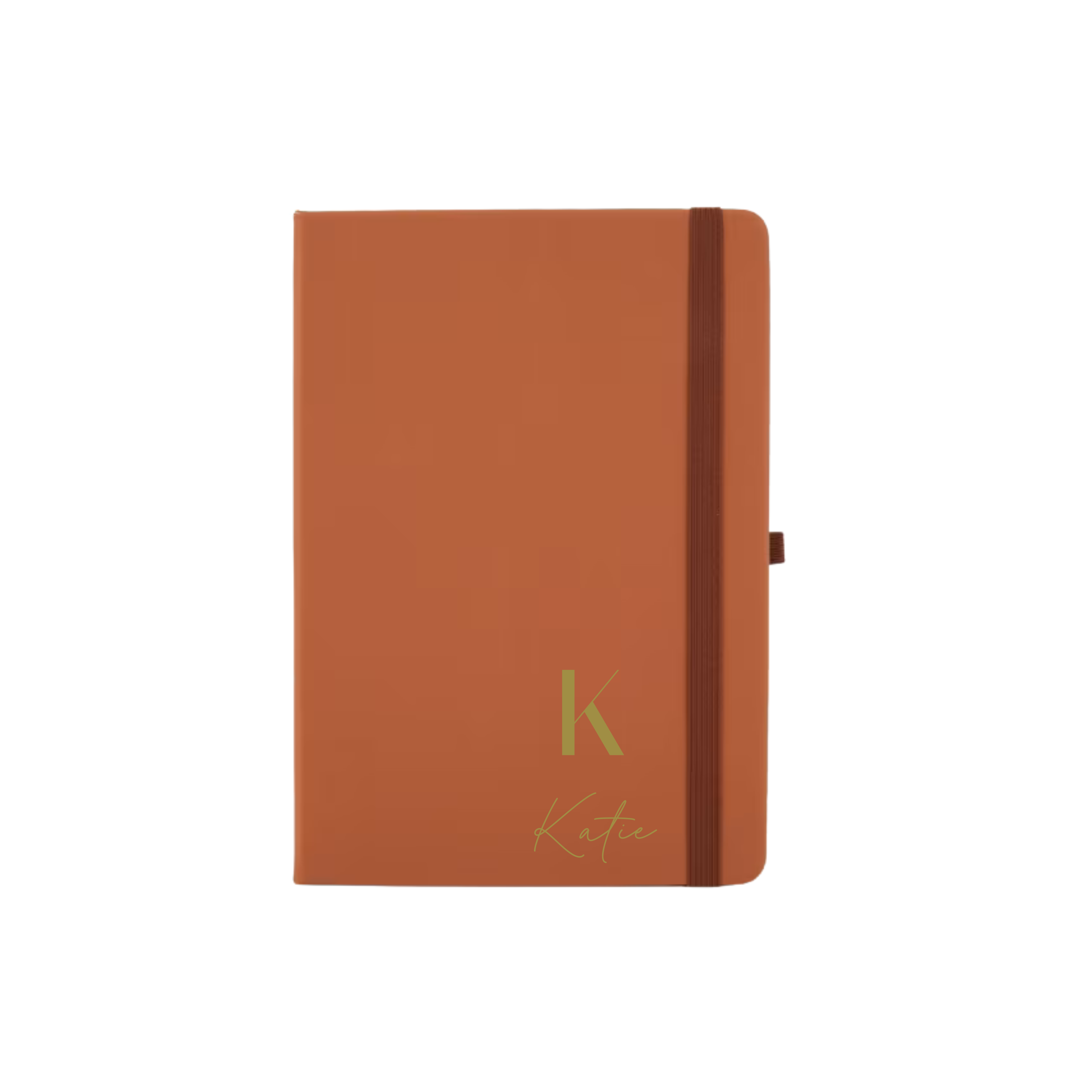 Personalised A5 hardcover journal with modern script and sans serif font, featuring custom text on the cover.