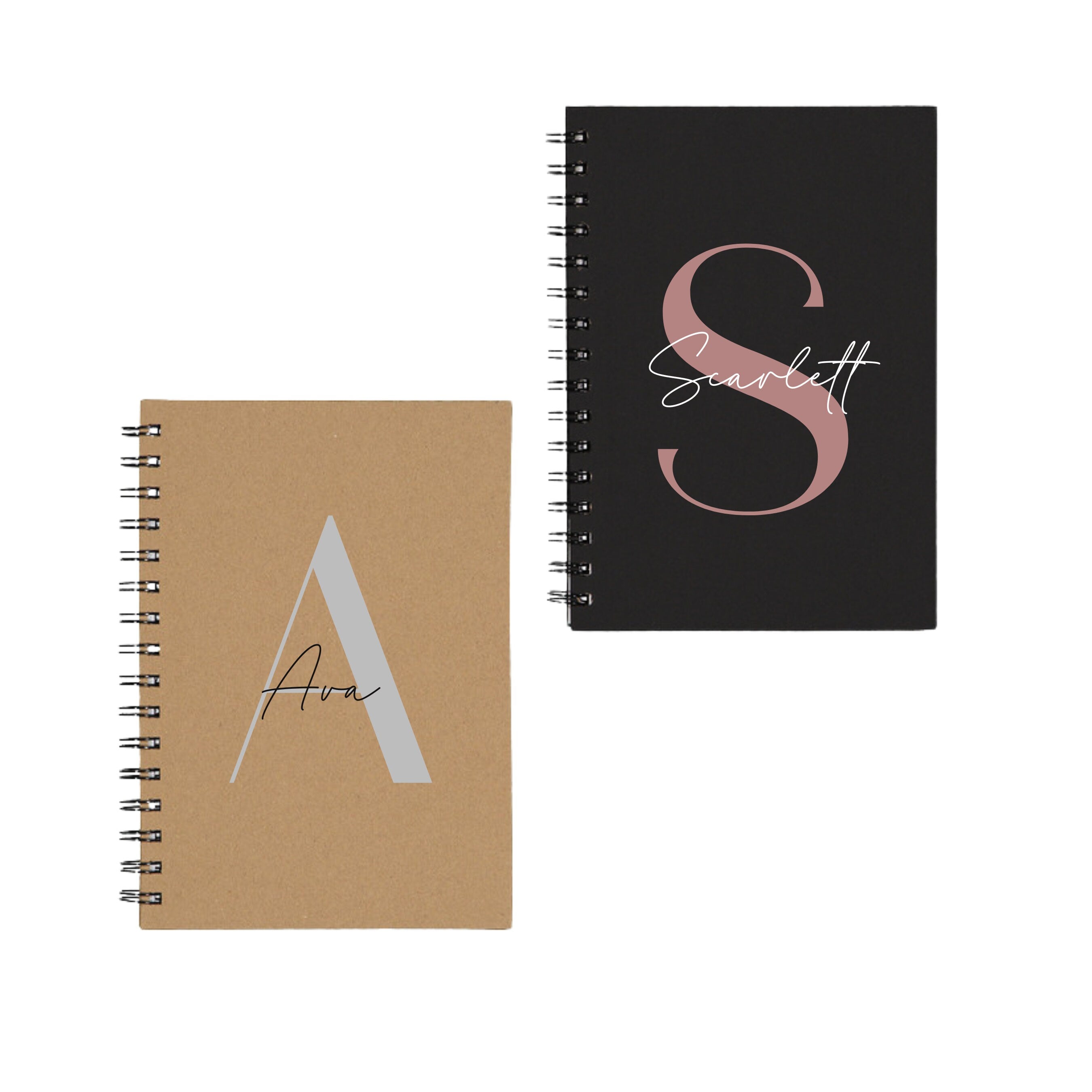 Personalised A5 spiral notebook with custom initial and name, featuring modern script and sans-serif font design.