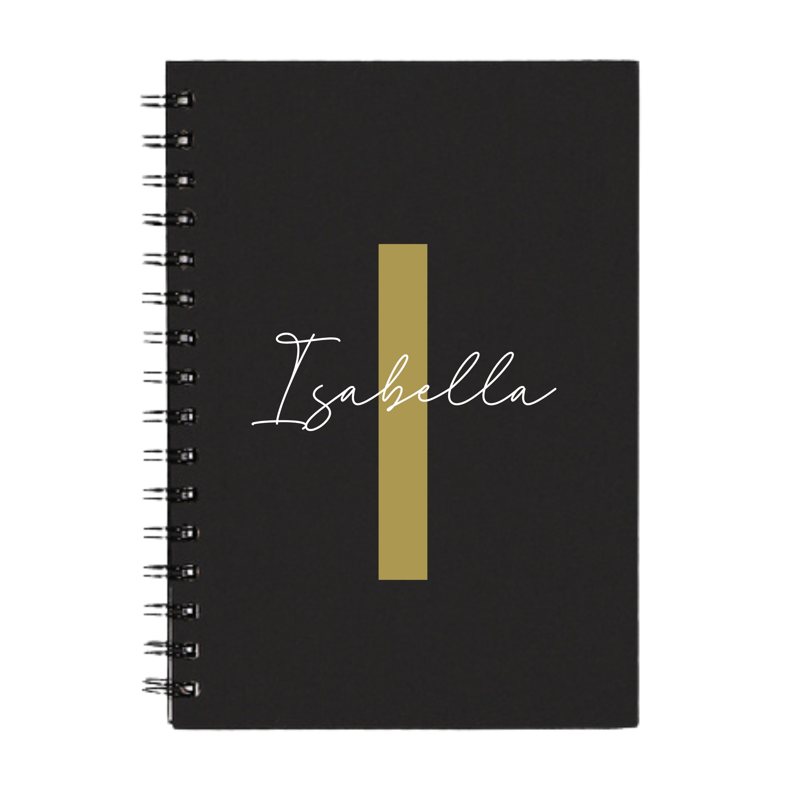 Personalised A5 spiral notebook by Make It Personal Gift Co with custom initial and name in modern script and sans-serif fonts.