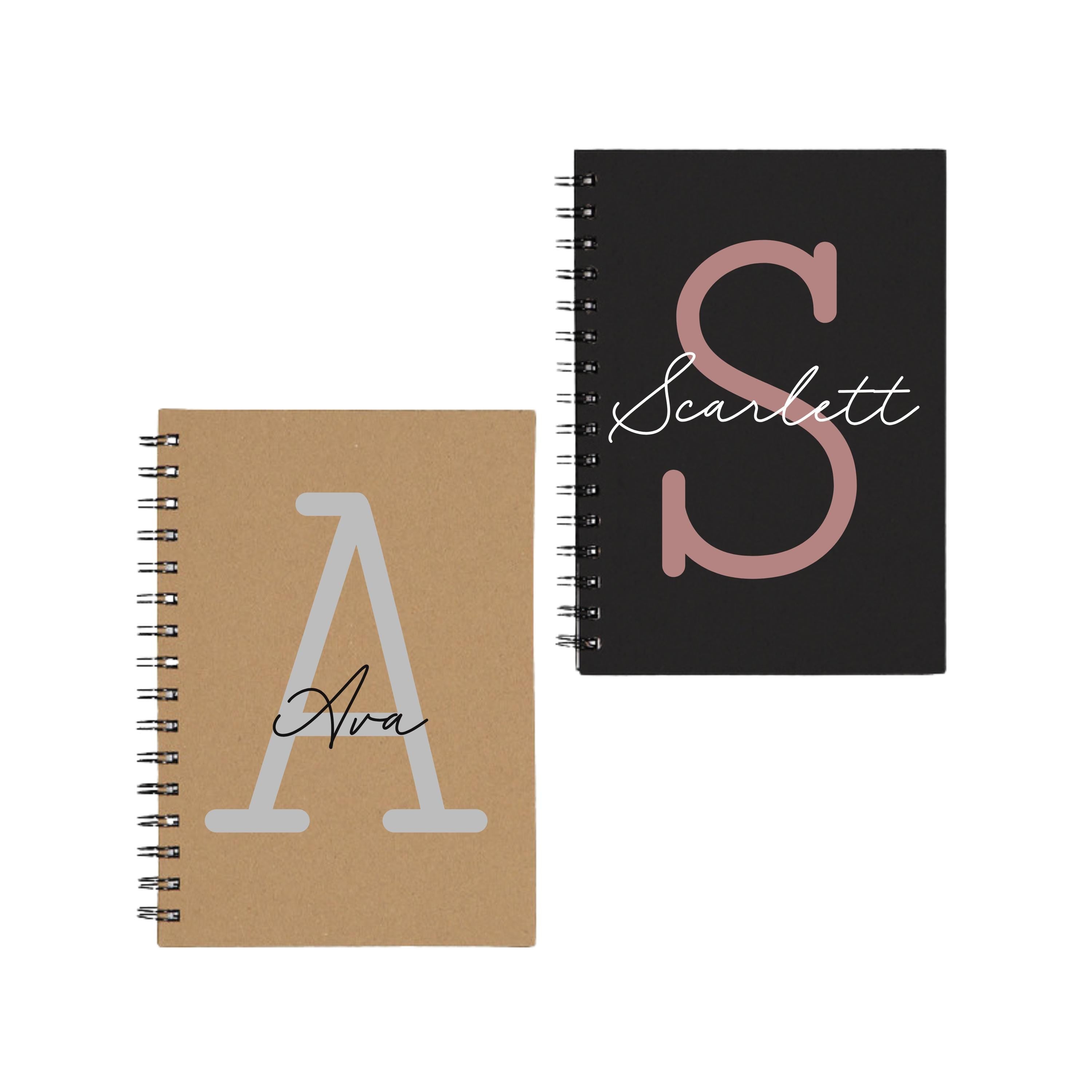 A personalized A5 spiral notebook with custom initial and name in monoline script and slab serif font, designed for Make It Personal Gift Co.