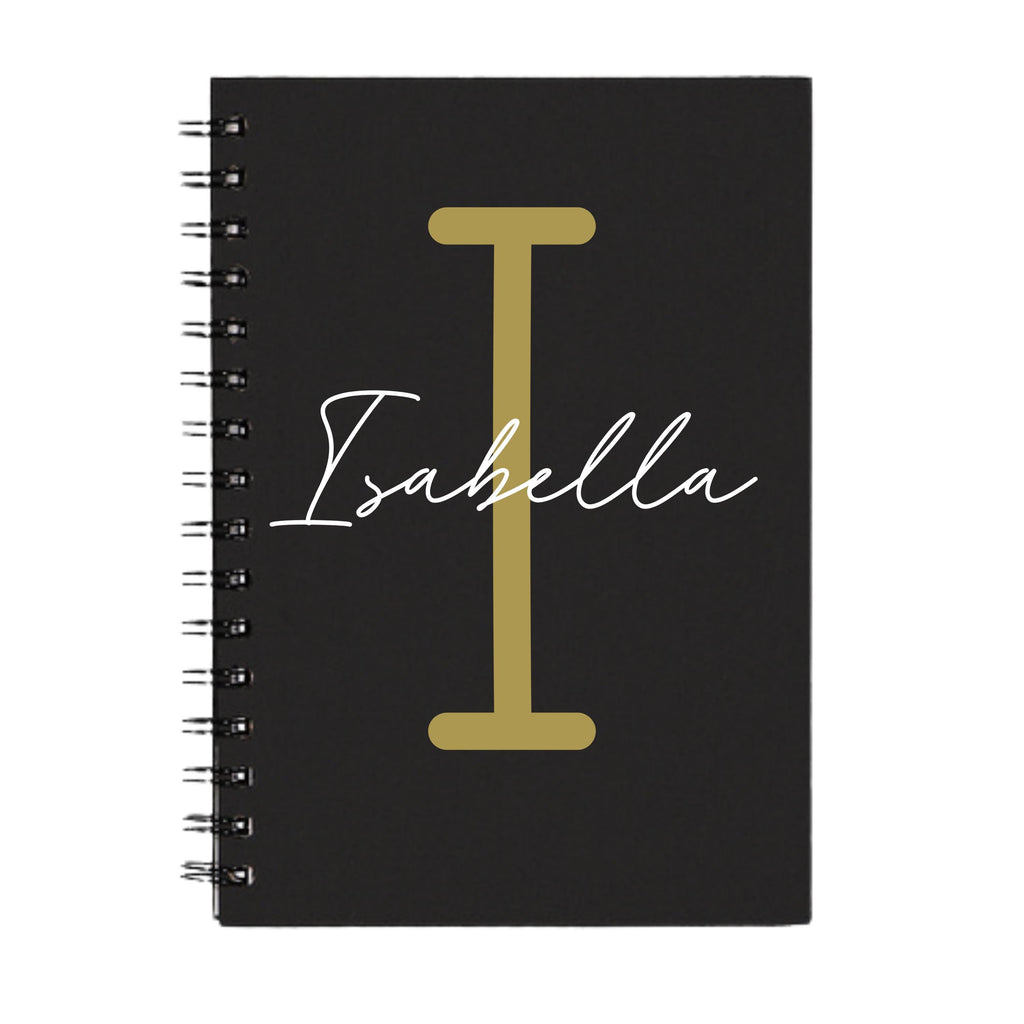 Personalised A5 spiral notebook by Make It Personal Gift Co with custom initial and name in monoline script and slab serif font.