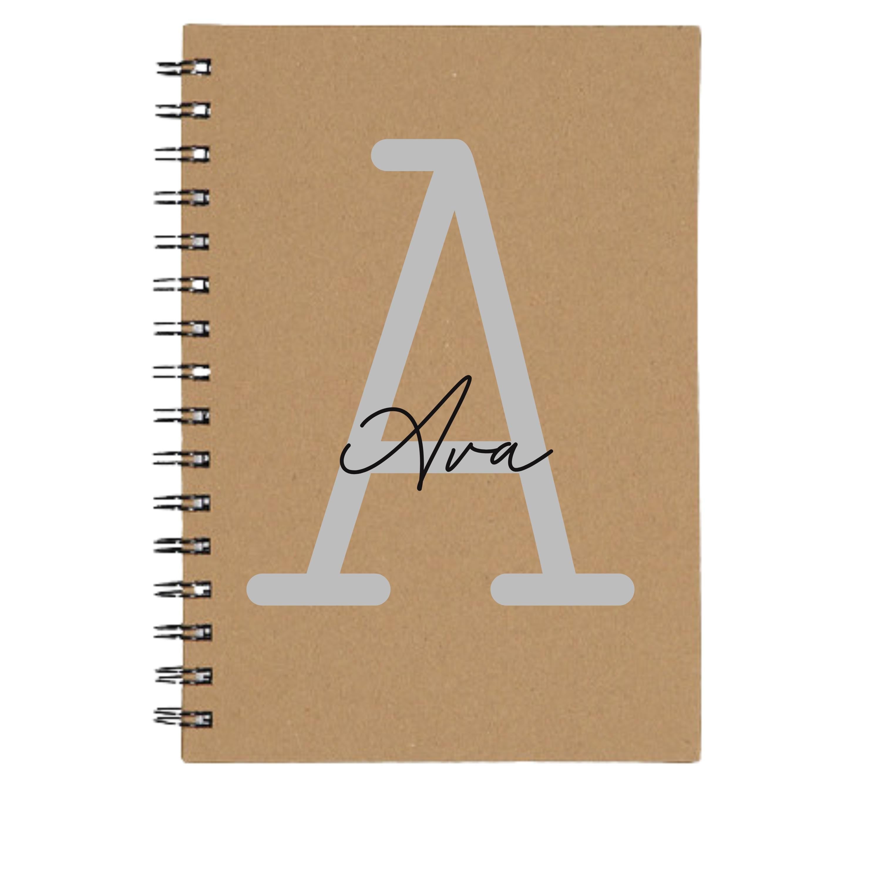 A personalised A5 spiral notebook with custom initial and name in monoline script and slab serif fonts, featuring a clean, stylish cover.