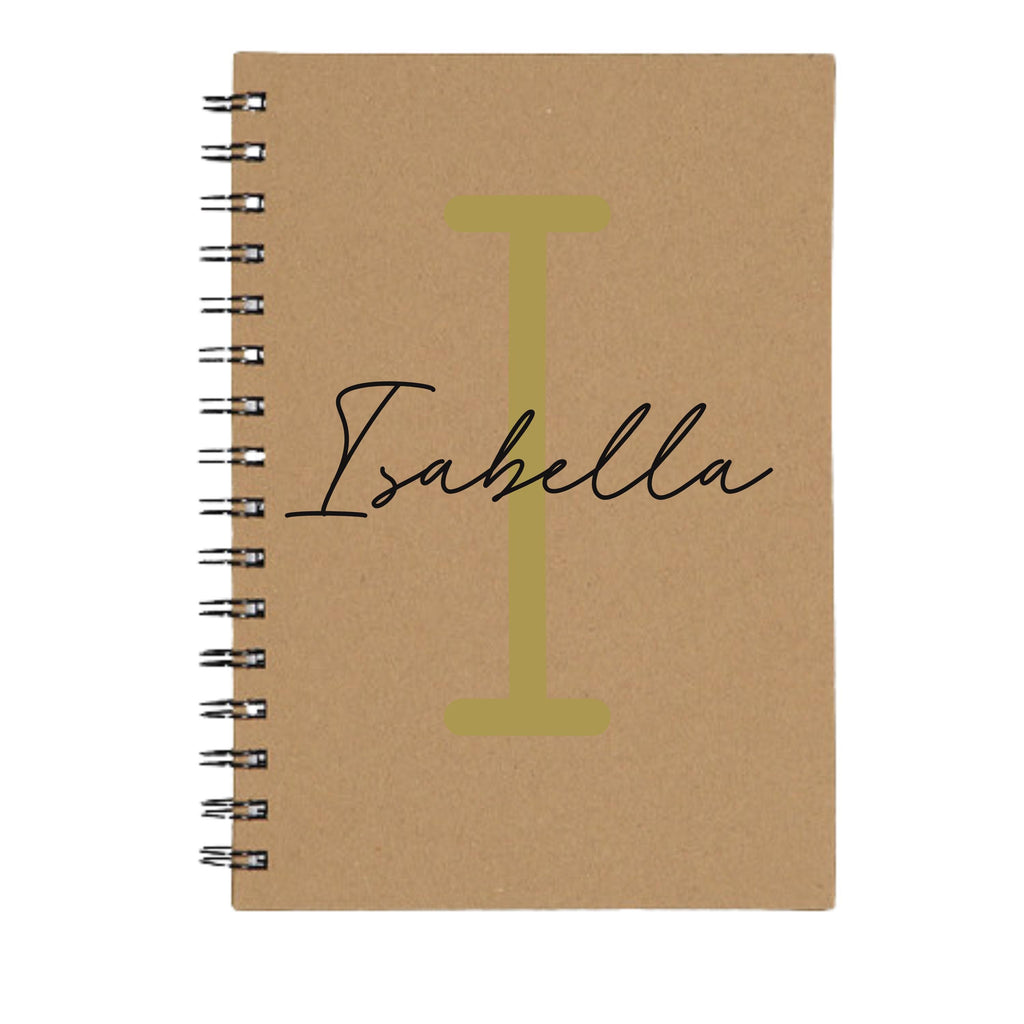 Personalised A5 spiral notebook from Make It Personal Gift Co with custom initial, name, monoline script, and slab serif font in black.