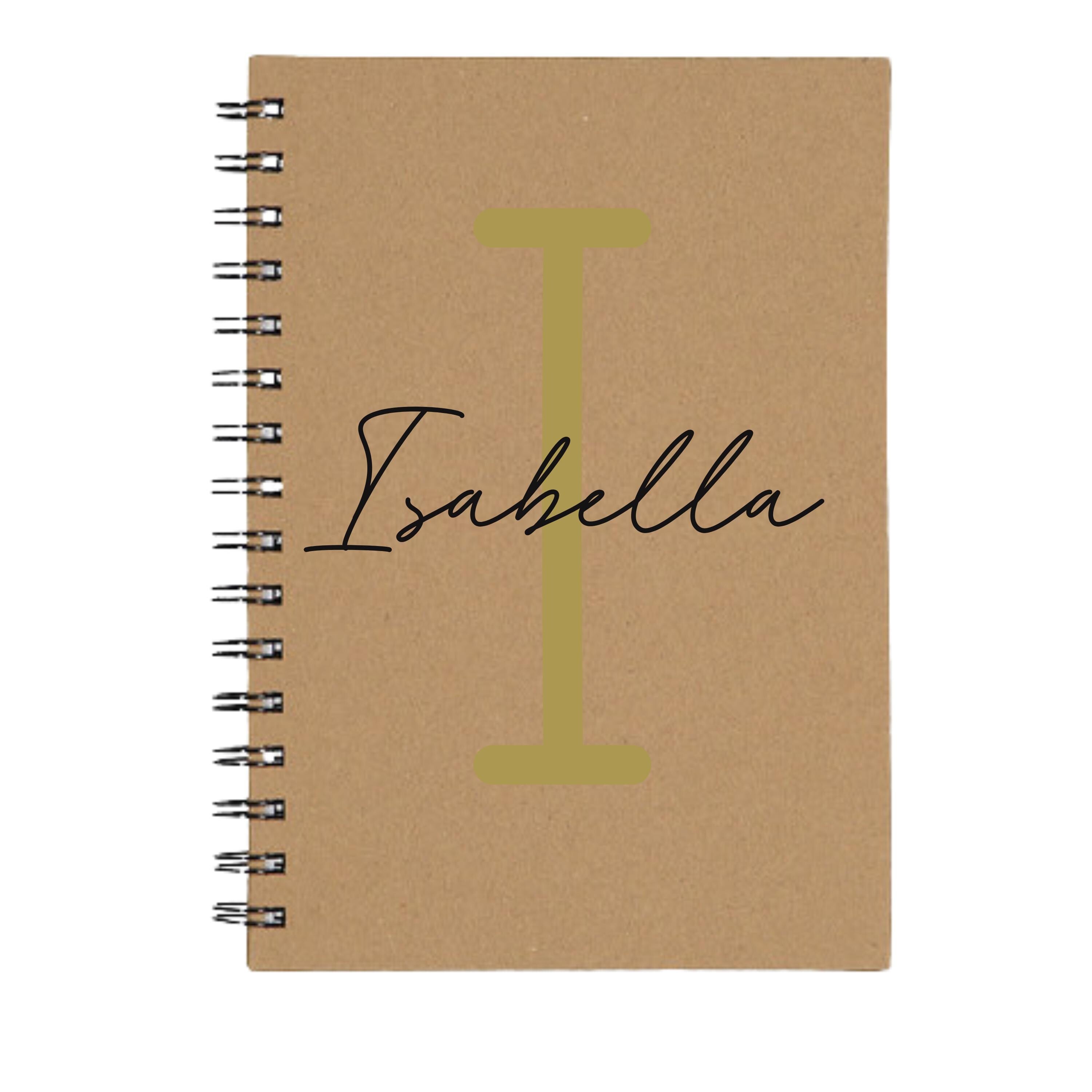 Personalised A5 spiral notebook from Make It Personal Gift Co with custom initial, name, monoline script, and slab serif font in black.