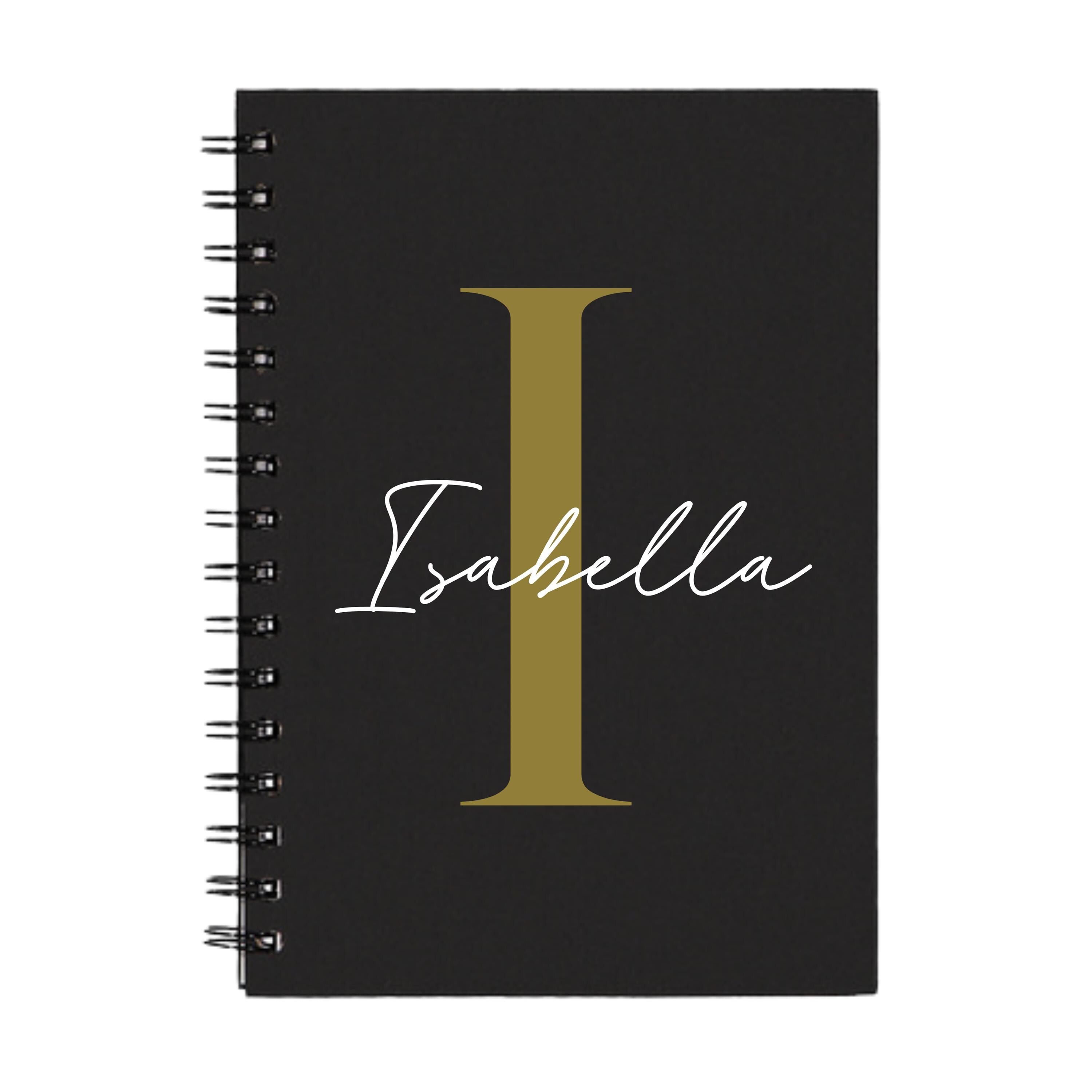 A personalized A5 spiral notebook with custom initial and name in serif and script fonts, featuring a stylish cover design.