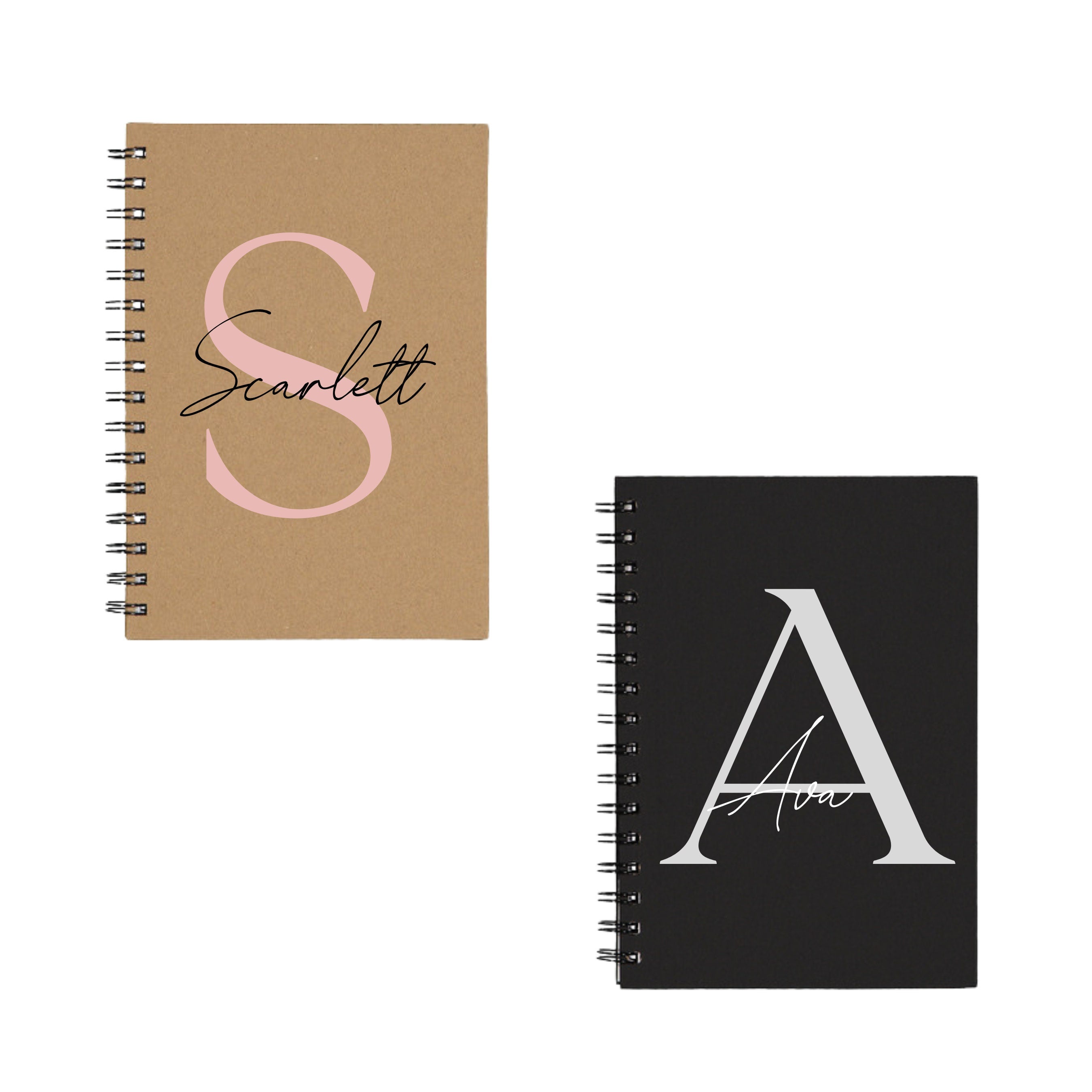 Personalised A5 spiral notebook with custom initial and name in serif and script fonts, featuring a soft cover design.