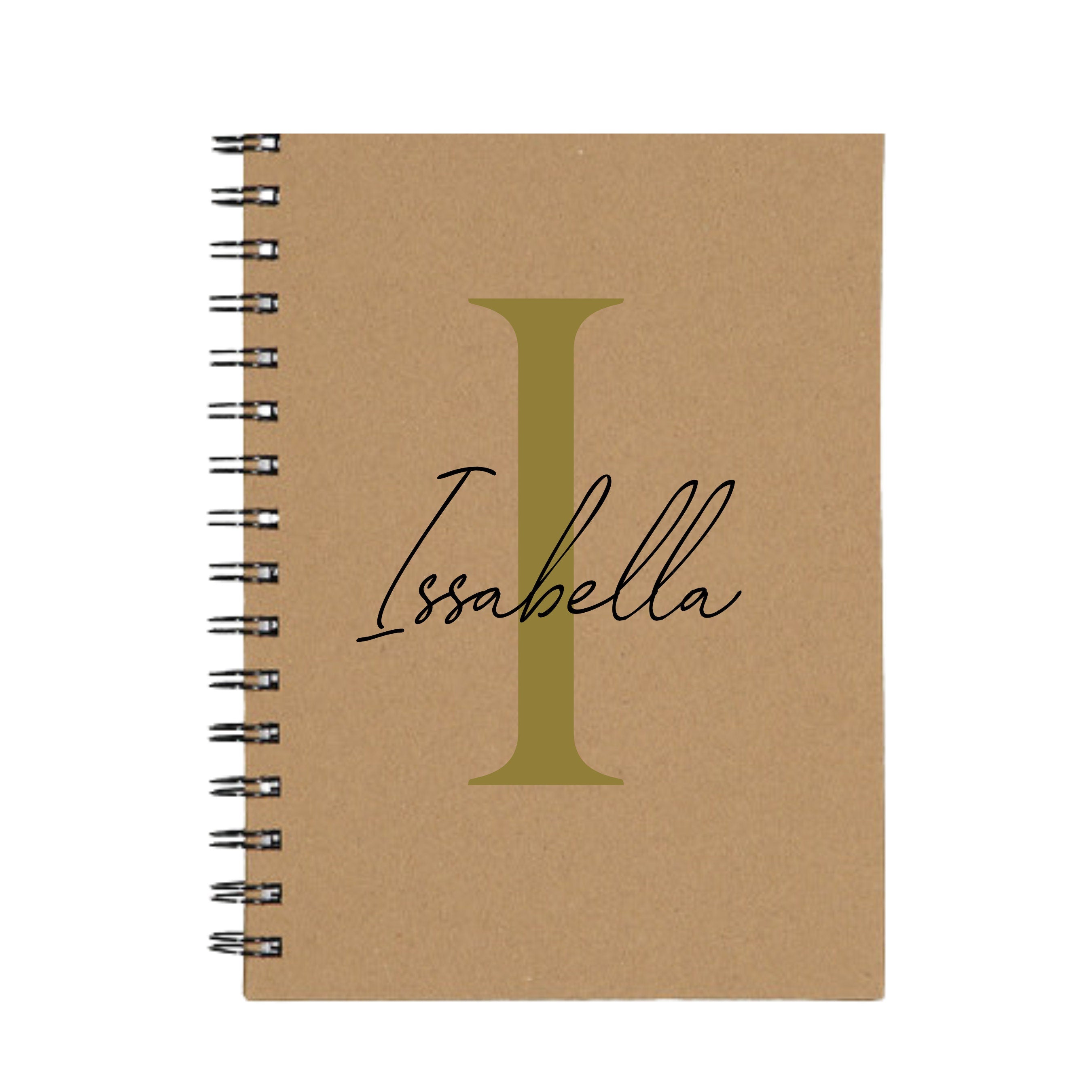 A personalized A5 spiral notebook with custom initial and name in soft serif and script fonts, featuring elegant cover design.