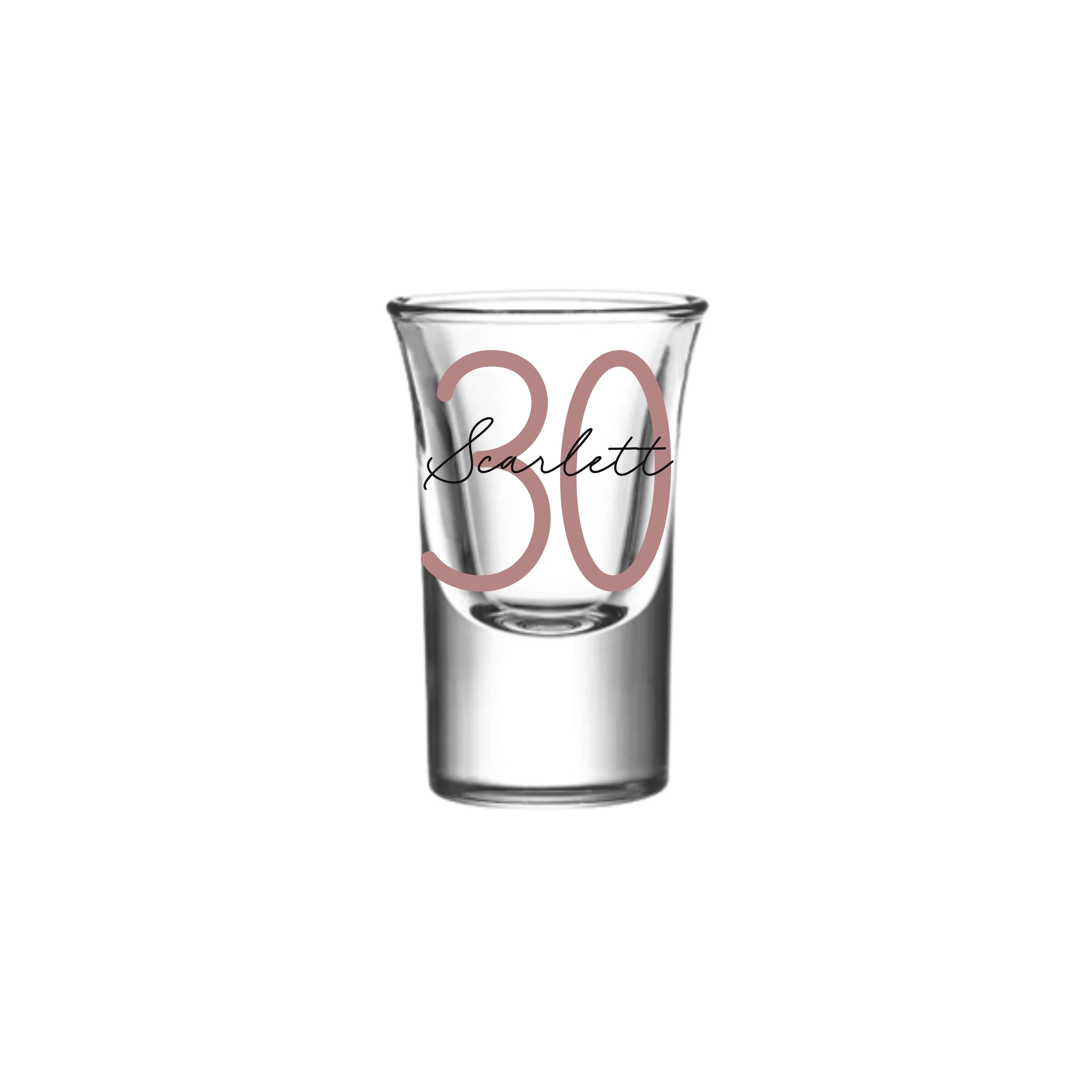 Personalised 25ml shot glass with monoline script and slab serif font from Make It Personal Gift Co, showcasing custom text design.