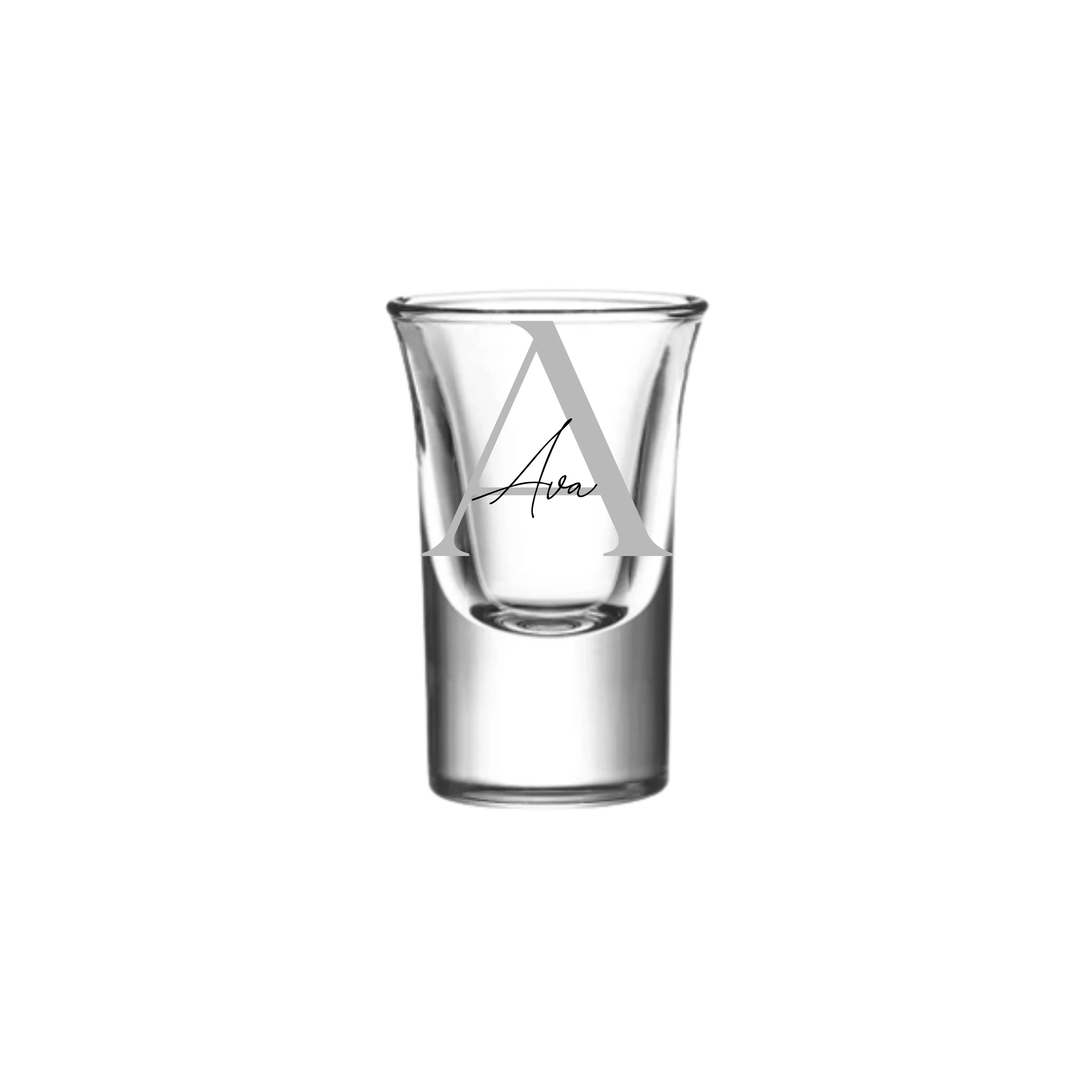 Personalised 25ml shot glass by Make It Personal Gift Co with soft serif and script font, featuring custom text design.
