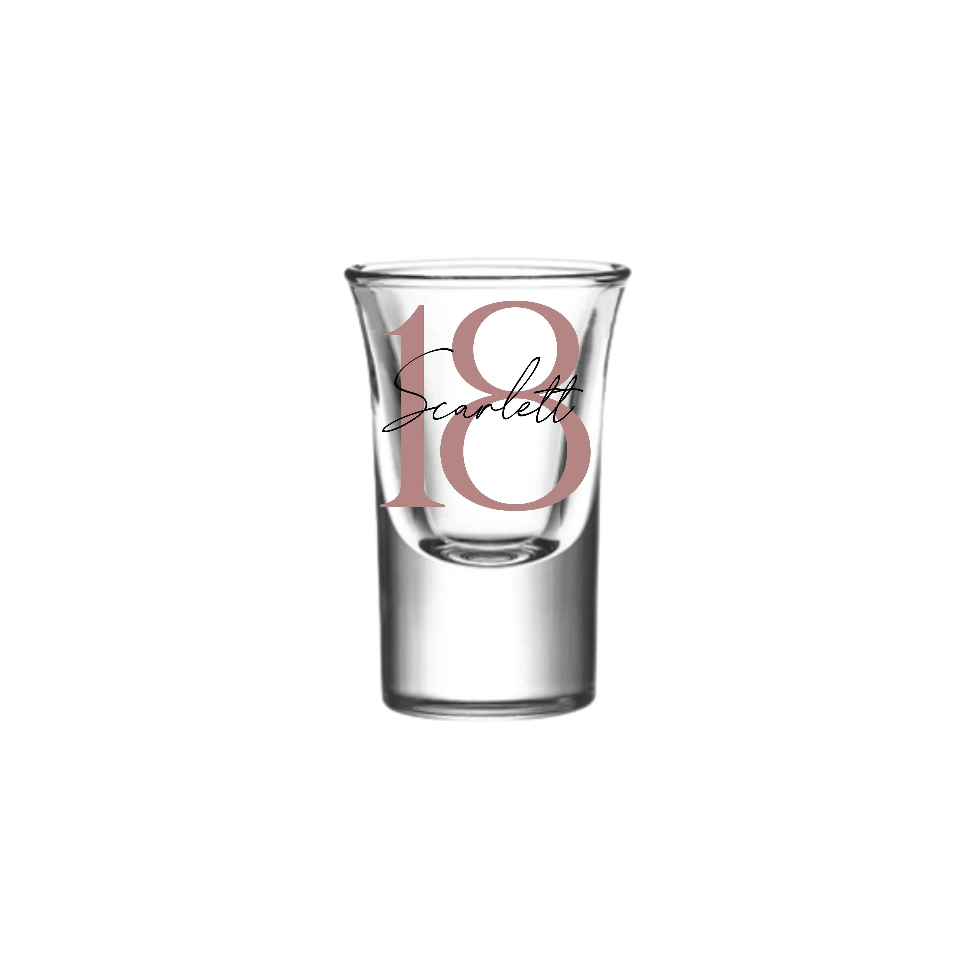 Personalised 25ml shot glass from Make It Personal Gift Co with soft serif and script font design on clear glass.