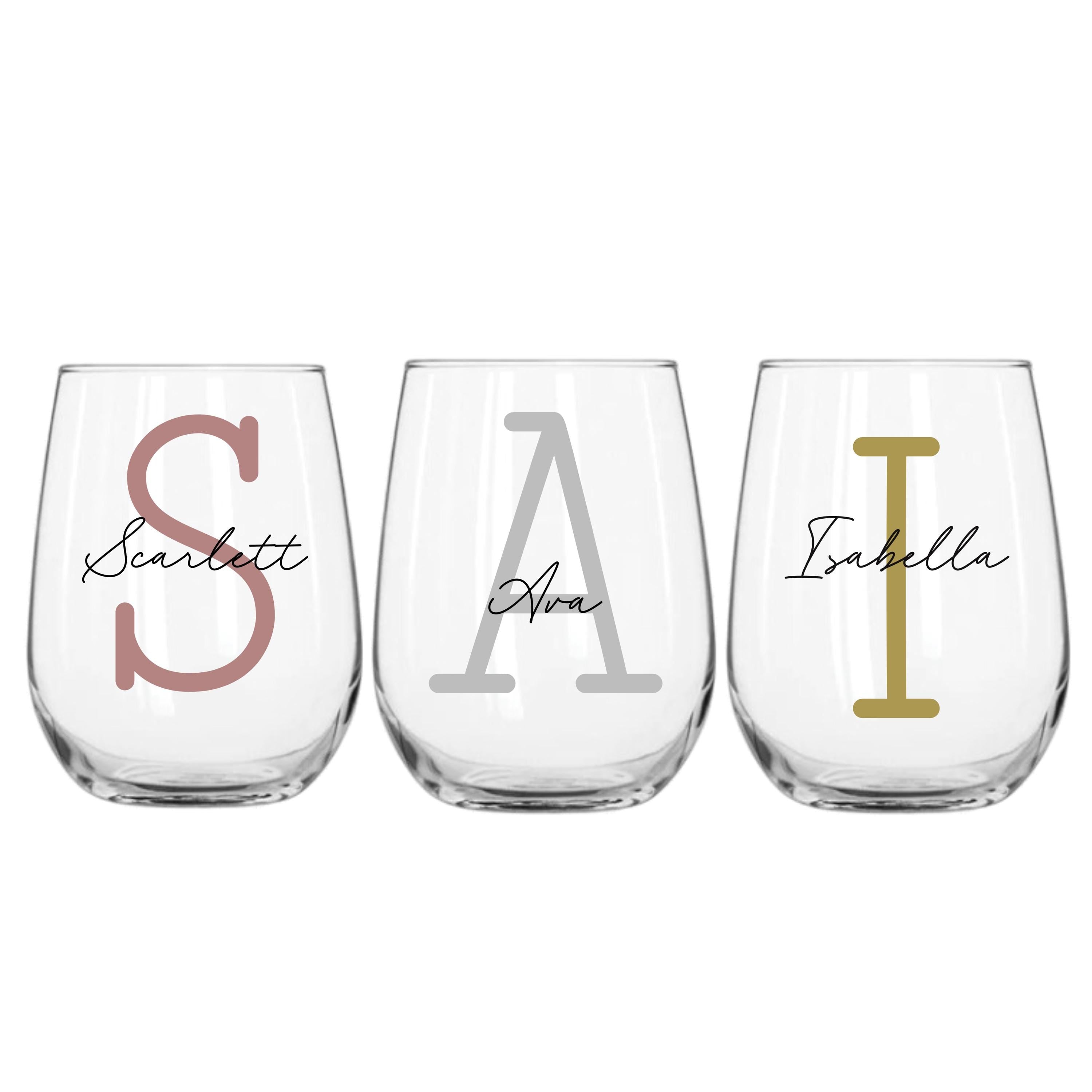 Personalised 360ml stemless wine glass with monoline script and slab serif font, featuring custom engraved text.