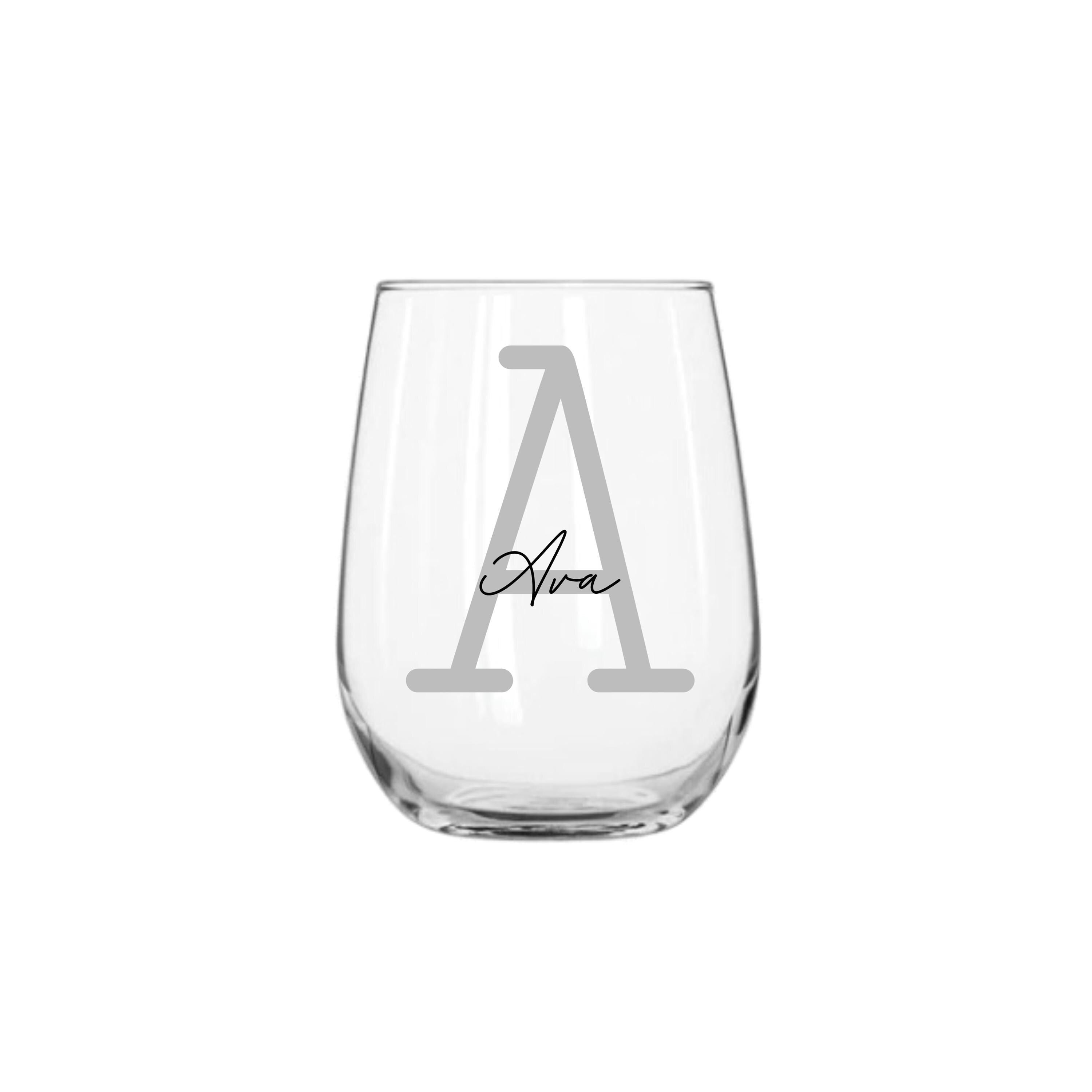 Personalised 360ml stemless wine glass with monoline script and slab serif font design, made by Make It Personal Gift Co.