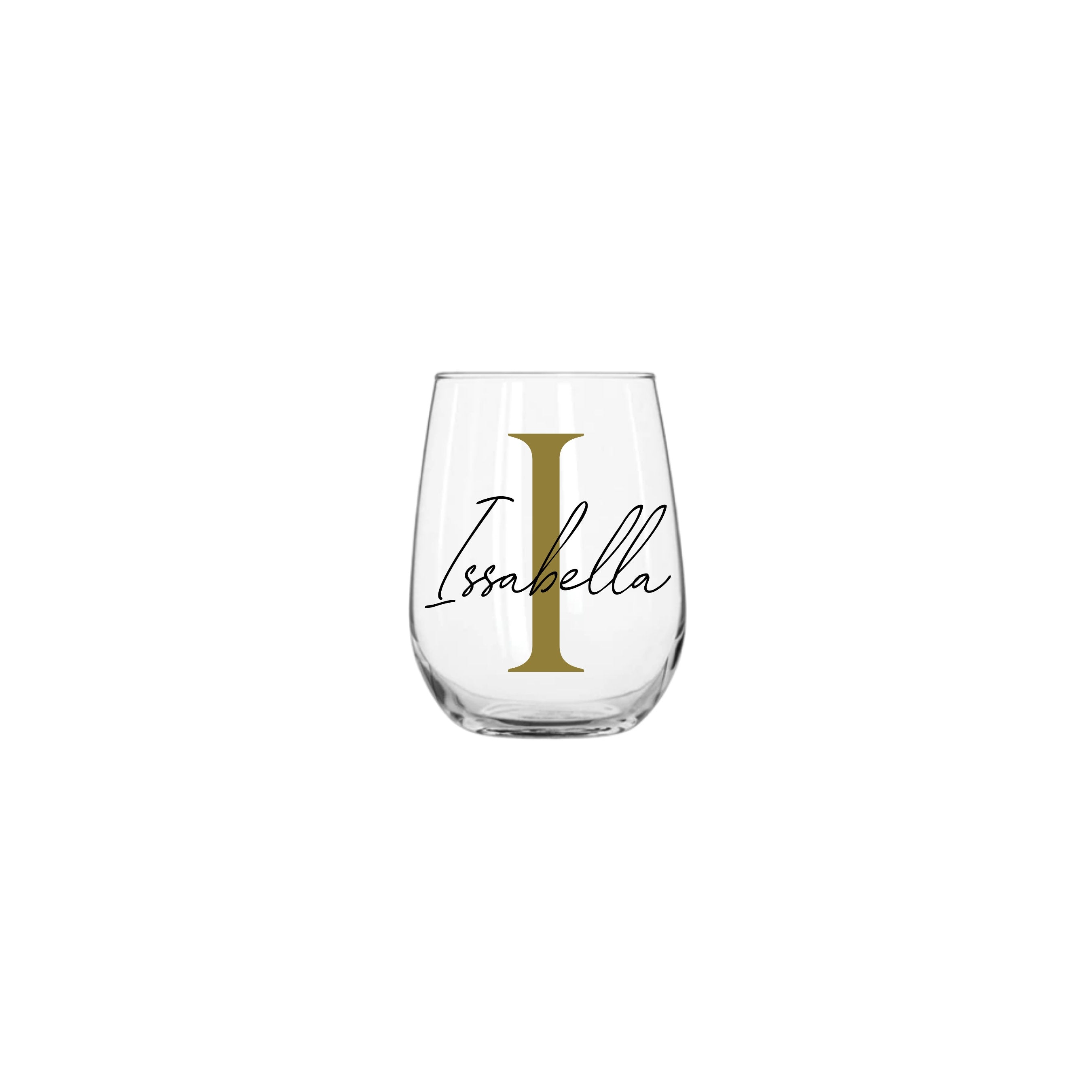 Personalised 360ml stemless wine glass with soft serif and script fonts, featuring custom engraving from Make It Personal Gift Co.