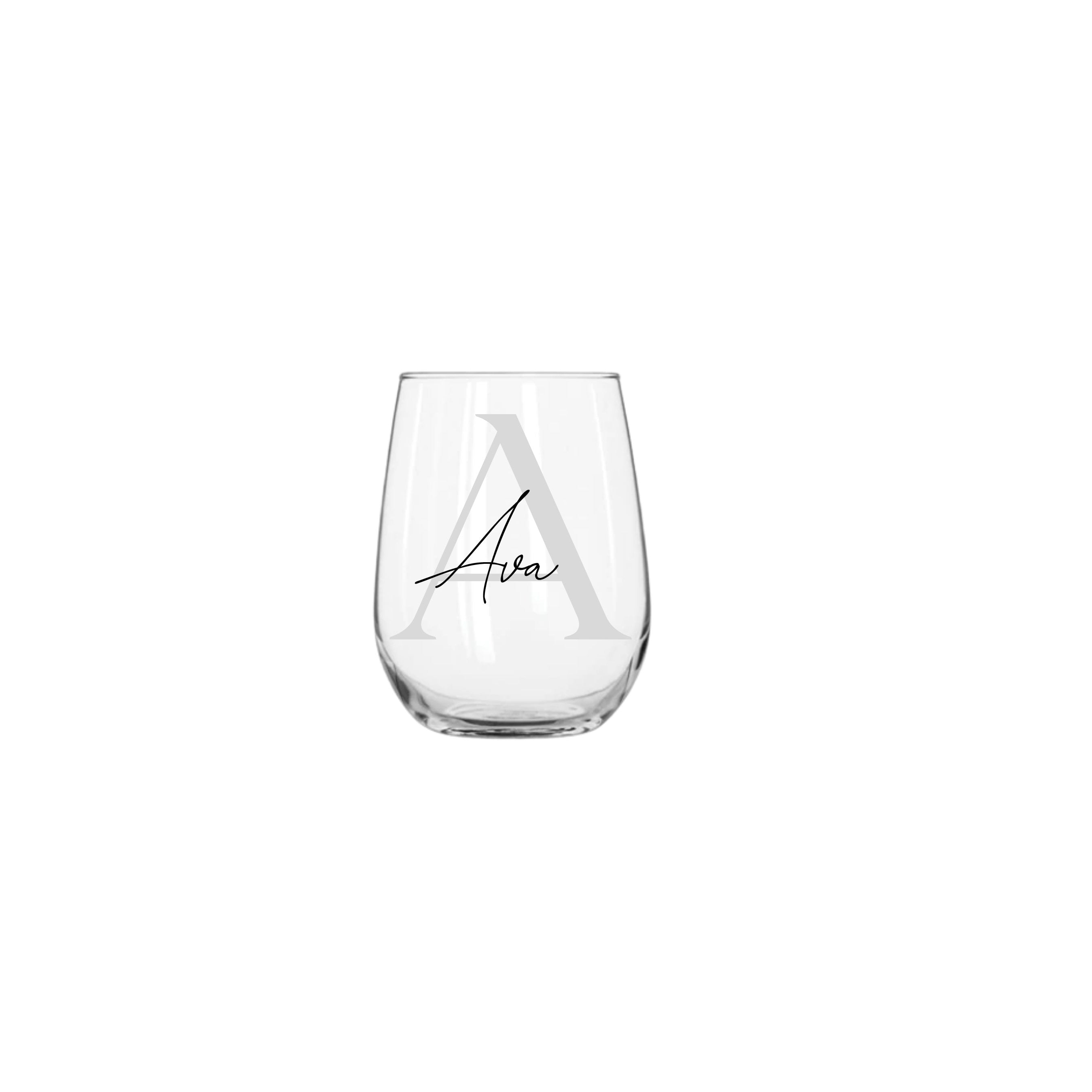 Personalised 360ml stemless wine glass with soft serif and script font, featuring custom engraved text for special occasions.