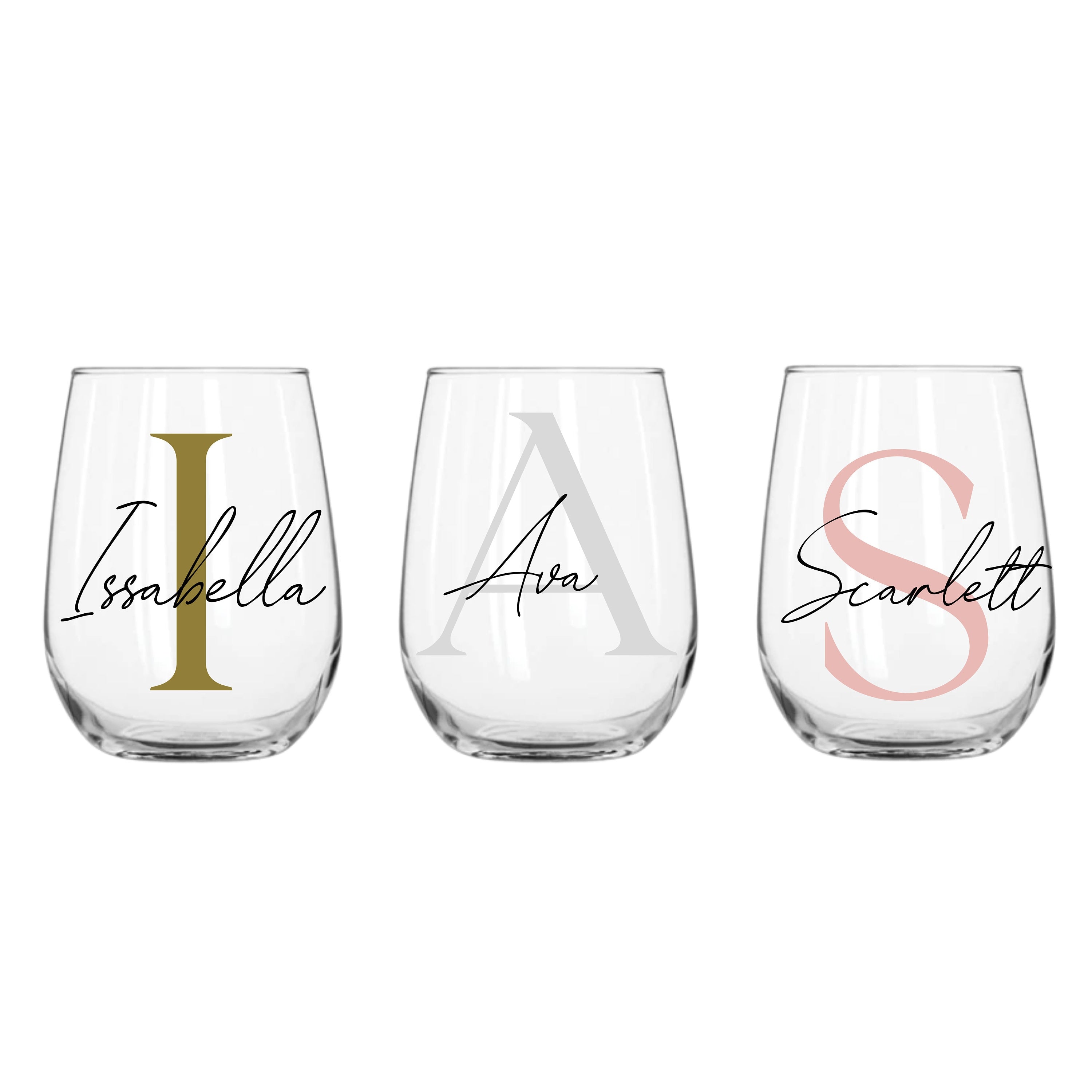 Personalised 475ml stemless wine glass by Make It Personal Gift Co featuring soft serif and script font design.