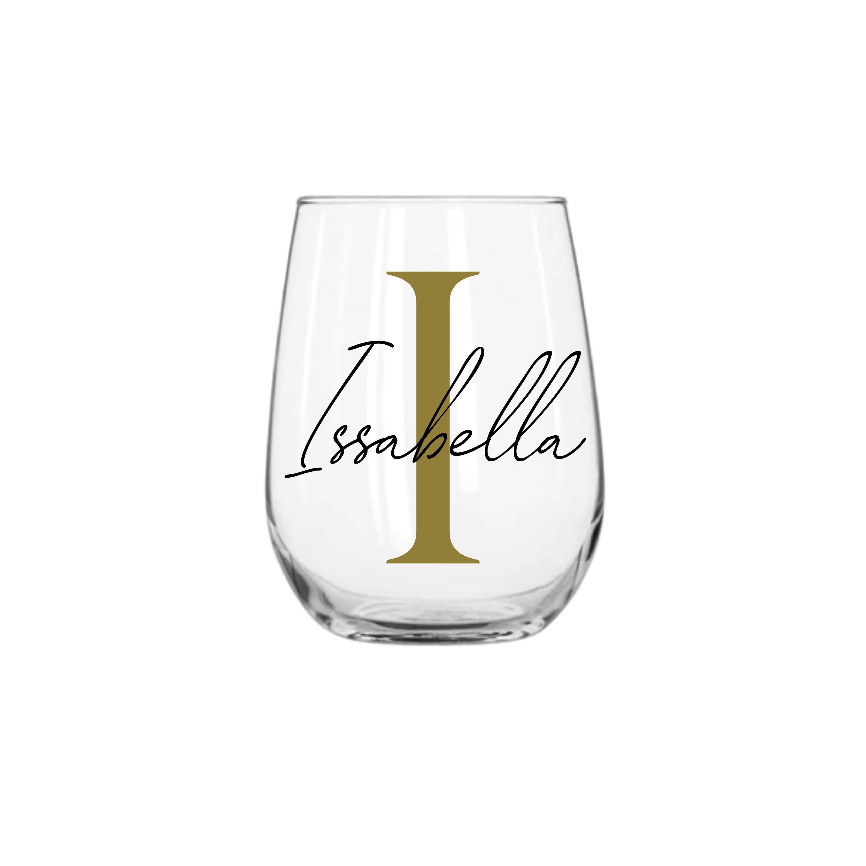 Personalised 475ml stemless wine glass with soft serif and script font, featuring custom text on clear glass.