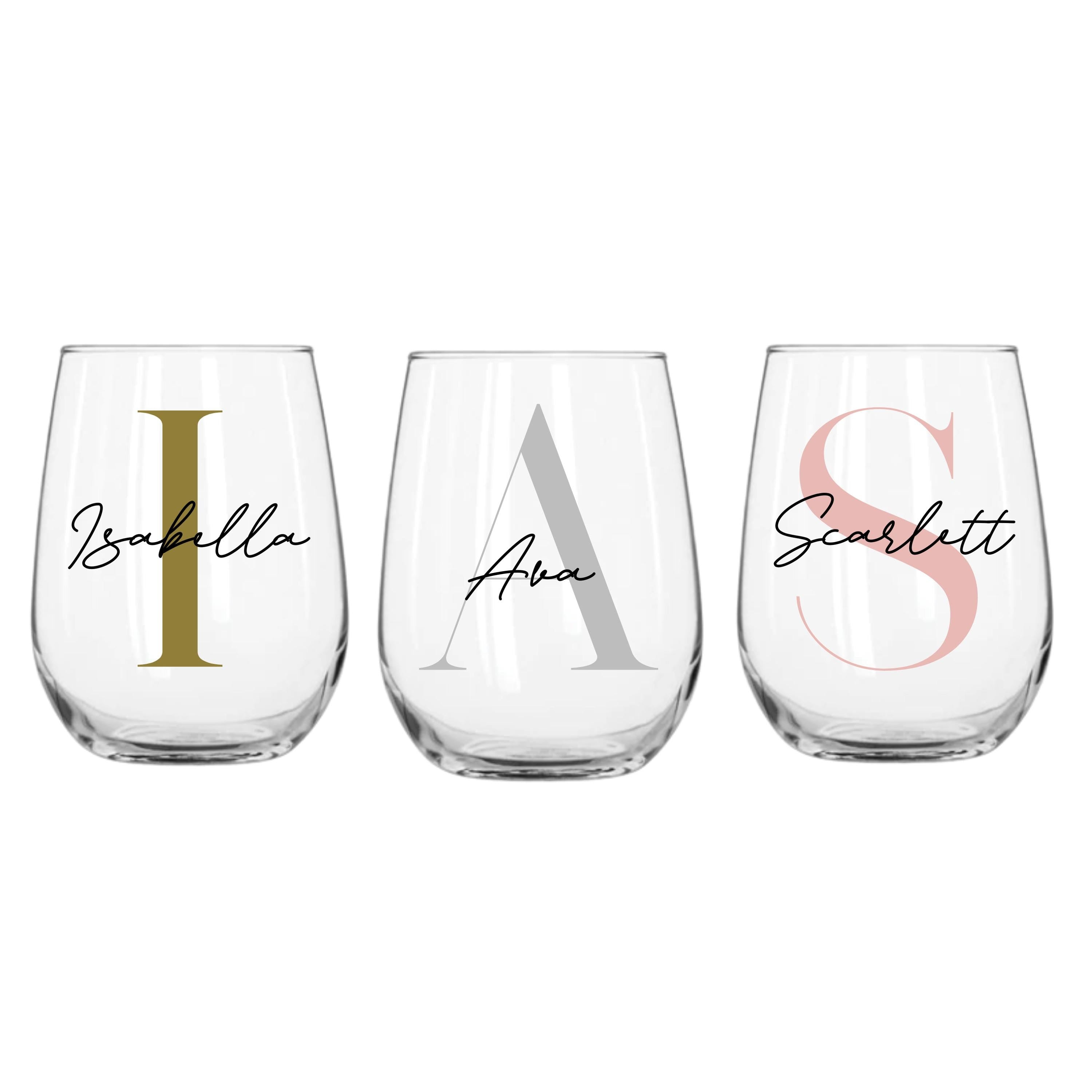Personalised 475ml stemless wine glass with strong serif and script font, featuring custom text design by Make It Personal Gift Co.