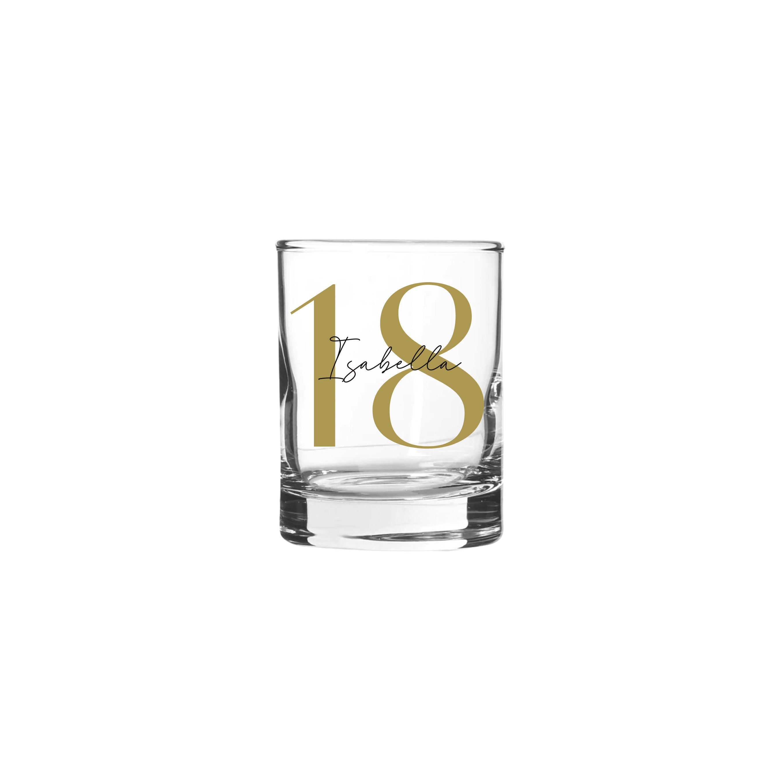 Personalised 65ml shot glass with modern script and sans serif font, featuring custom text for special occasions.