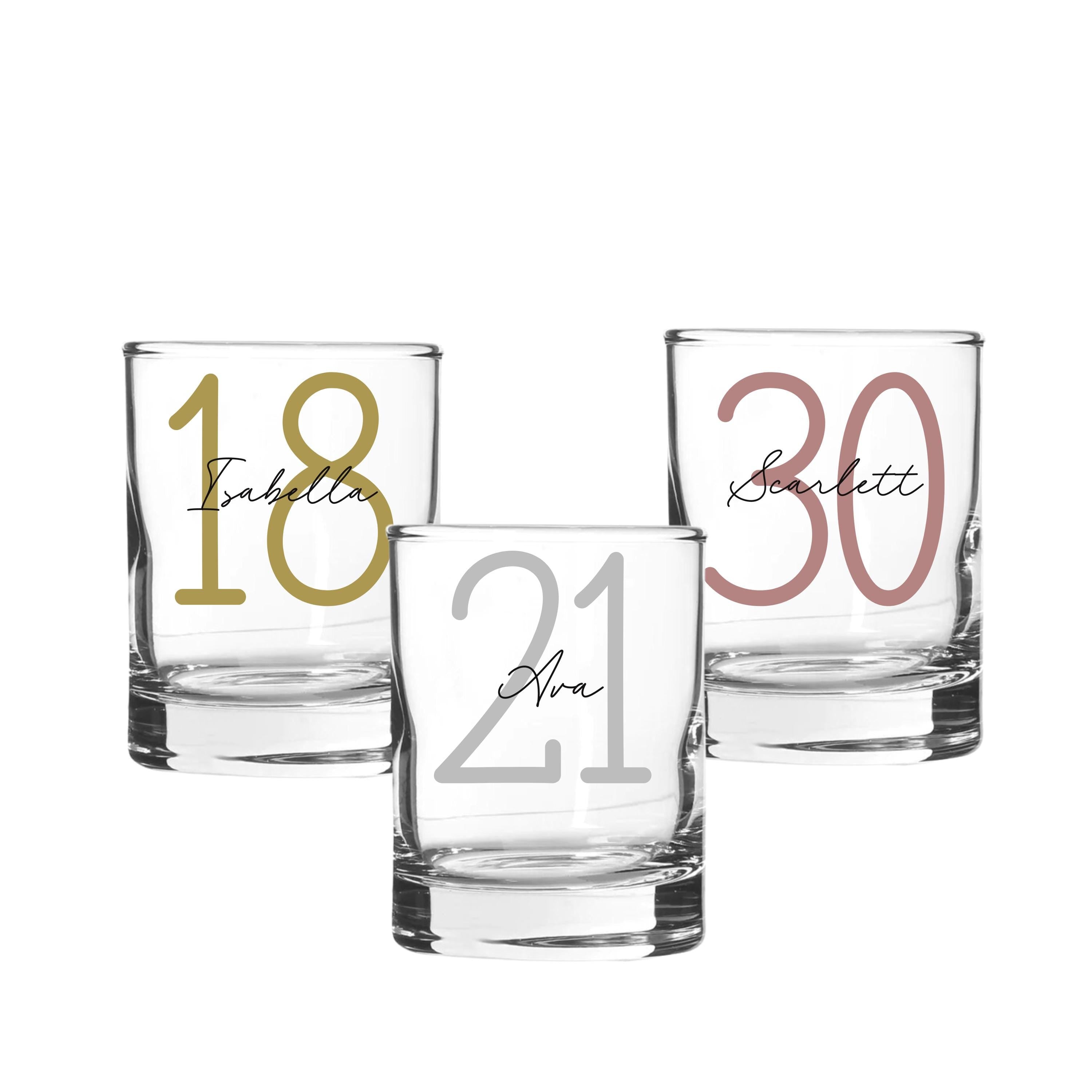 Personalised 65ml shot glass with monoline script and slab serif font from Make It Personal Gift Co, featuring custom text.