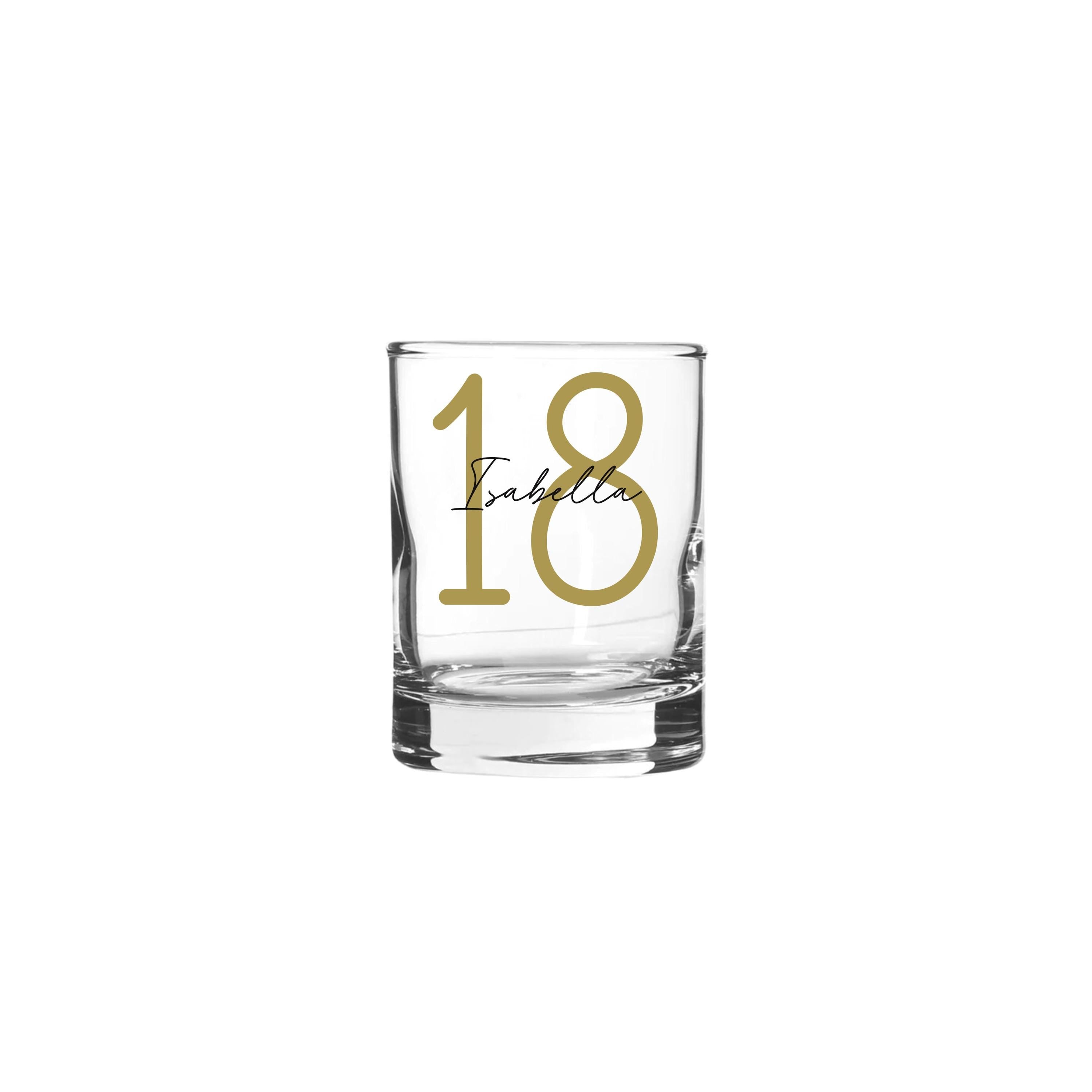 Personalised 65ml shot glass by Make It Personal Gift Co with monoline script and slab serif font design.