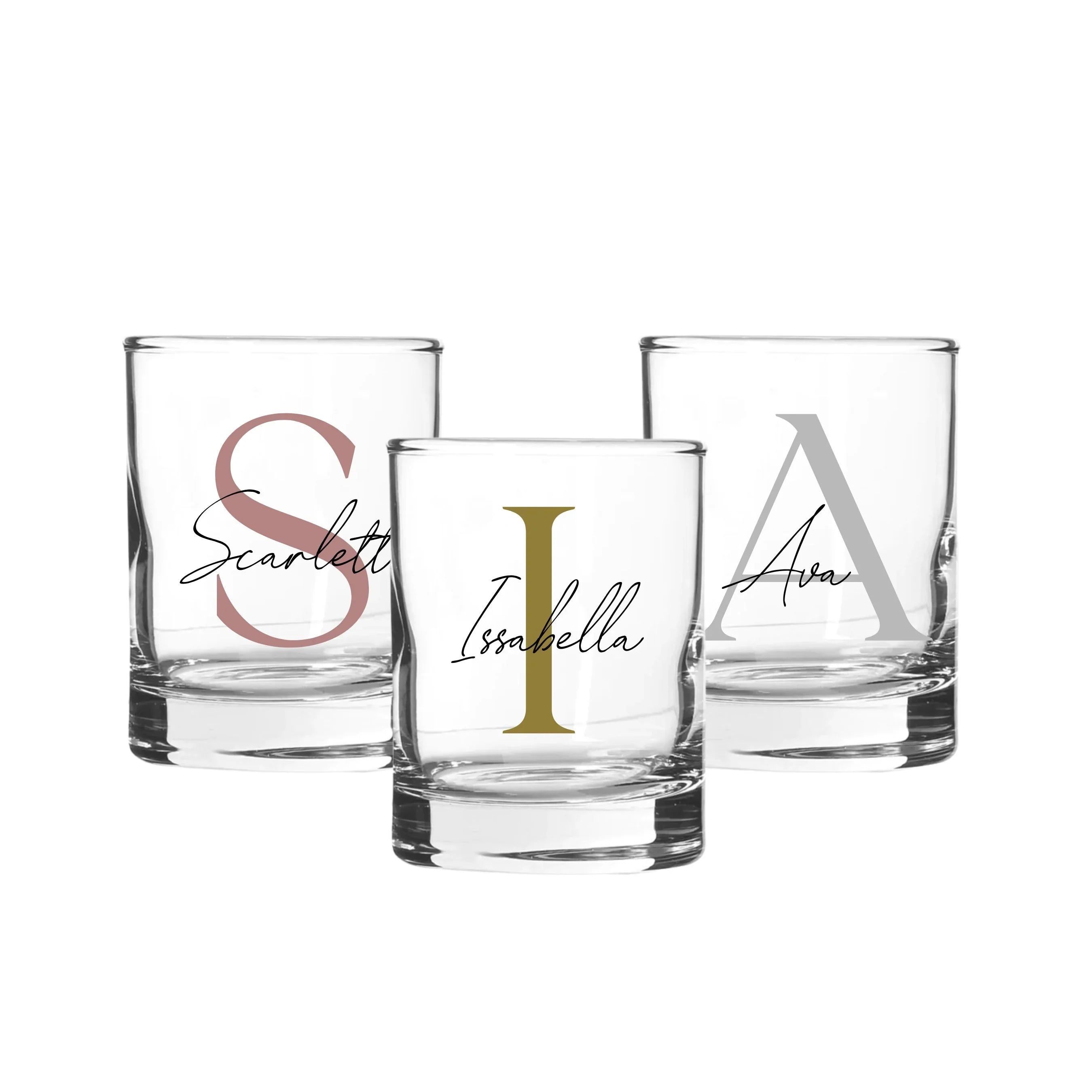 Personalised 65ml shot glass from Make It Personal Gift Co with soft serif and script font, clear glass with custom engraving.
