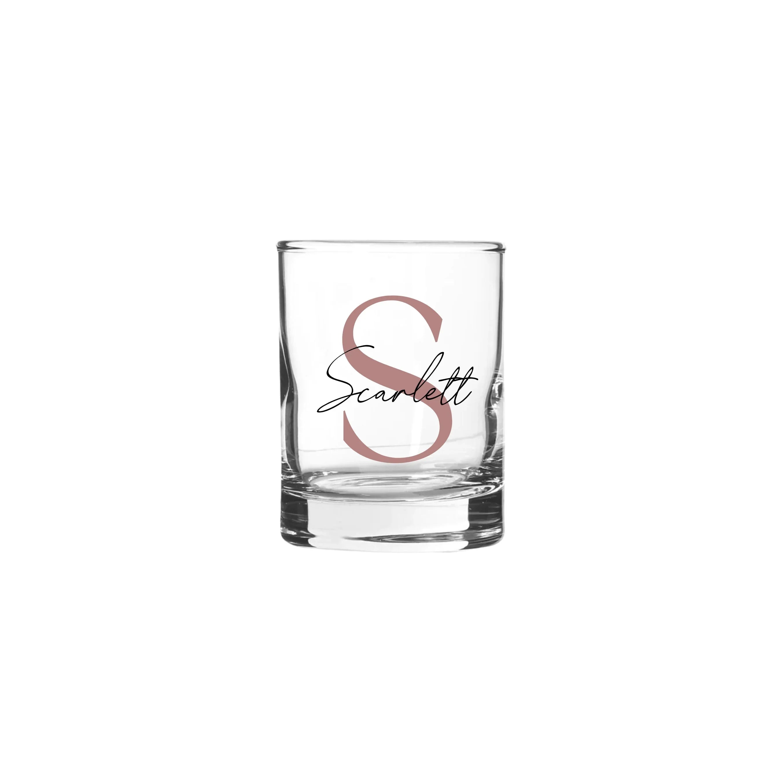 Personalised 65ml shot glass with soft serif and script font from Make It Personal Gift Co, featuring custom text on clear glass.