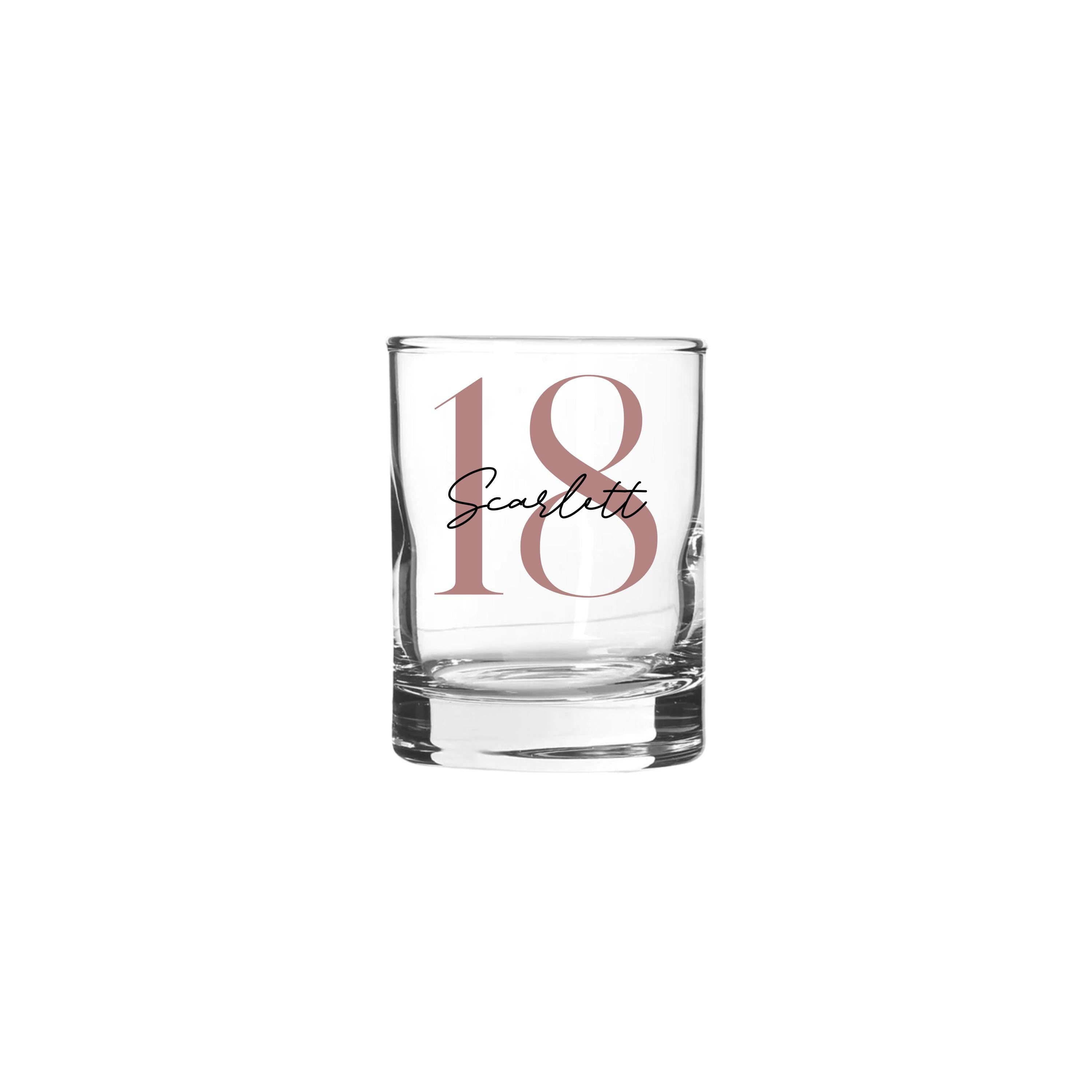Personalised 65ml shot glass with strong serif and script font from Make It Personal Gift Co, showcasing custom text design.