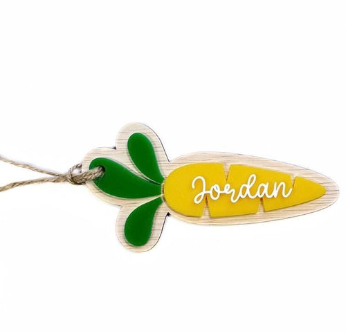 Personalised carrot Easter basket tag for kids by Make It Personal Gift Co, featuring colorful carrot design and customizable text.