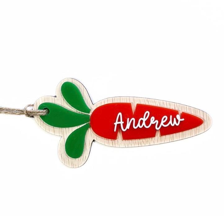 Personalised Carrot Easter Basket Tag by Make It Personal Gift Co, featuring a colorful, decorative kids' keepsake tag for Easter baskets.