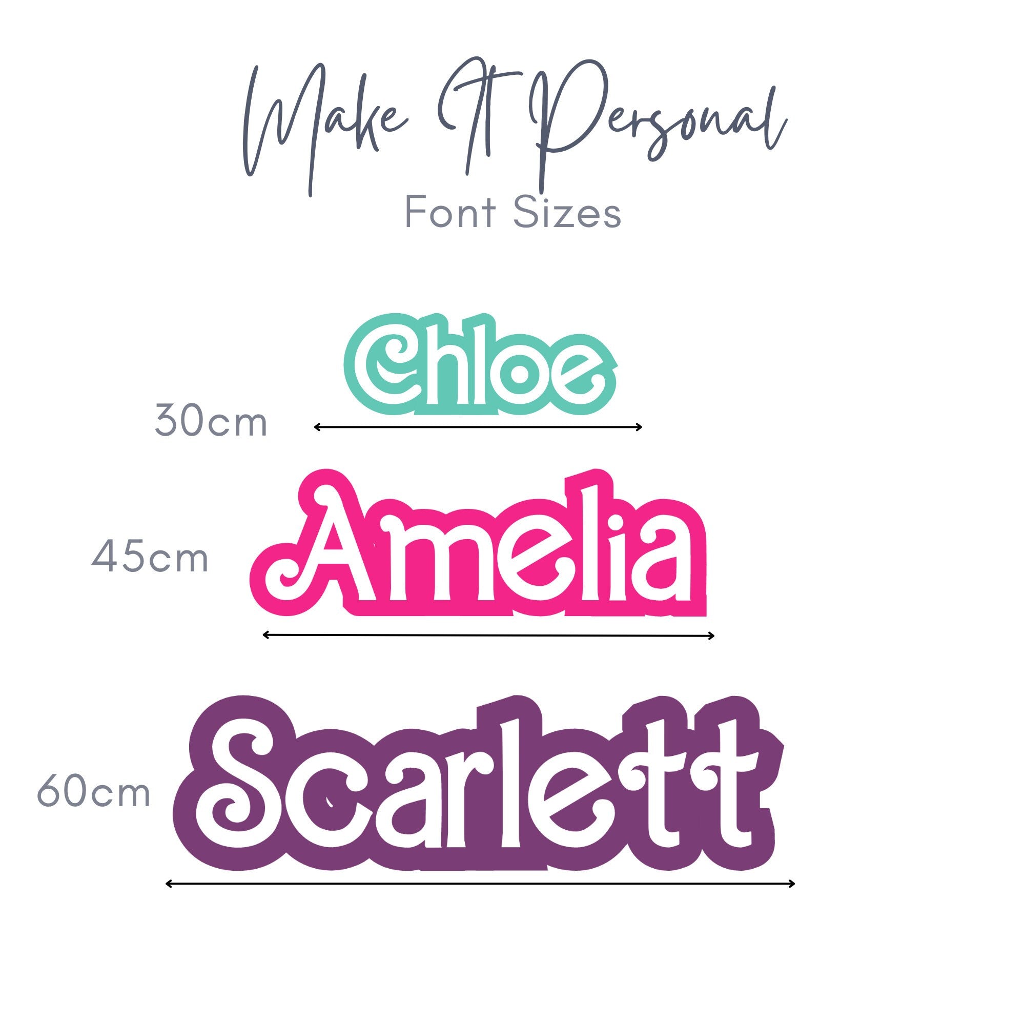 Personalised double layer kids’ name sign in Barbie-style font with colorful design, made by Make It Personal Gift Co.