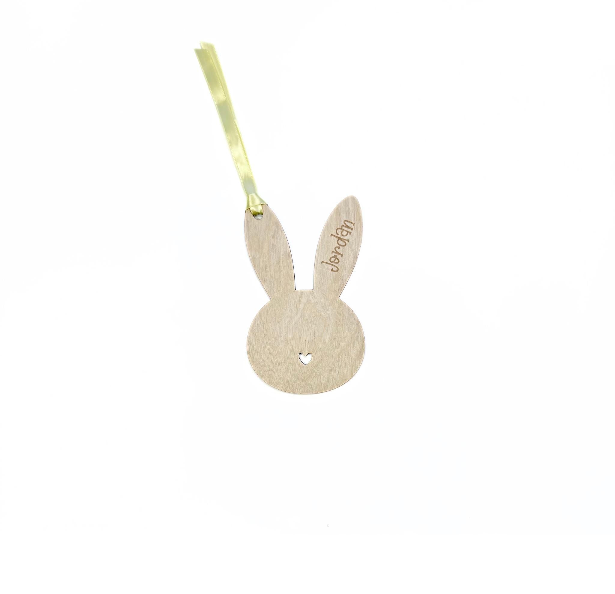 Personalised bunny-shaped Easter basket name tag in wood or acrylic with heart design, custom made by Make It Personal Gift Co.