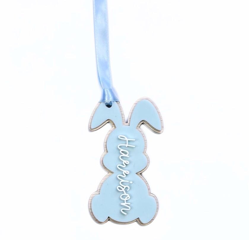 Personalised 3D floppy ear bunny tag by Make It Personal Gift Co, made of wood and acrylic, suitable as Easter basket label for kids