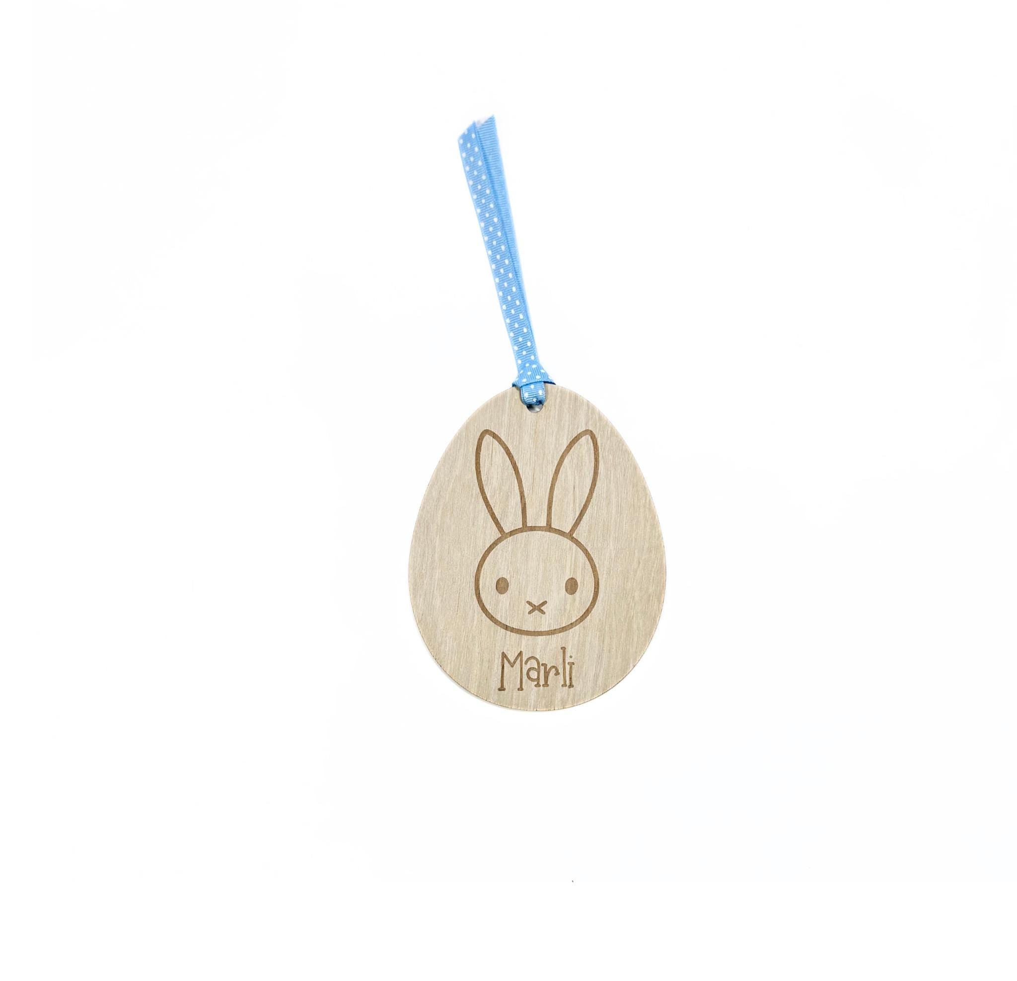 Personalised Easter Egg Bunny Tag by Make It Personal Gift Co, wooden or acrylic name label for baskets featuring a cute bunny design.