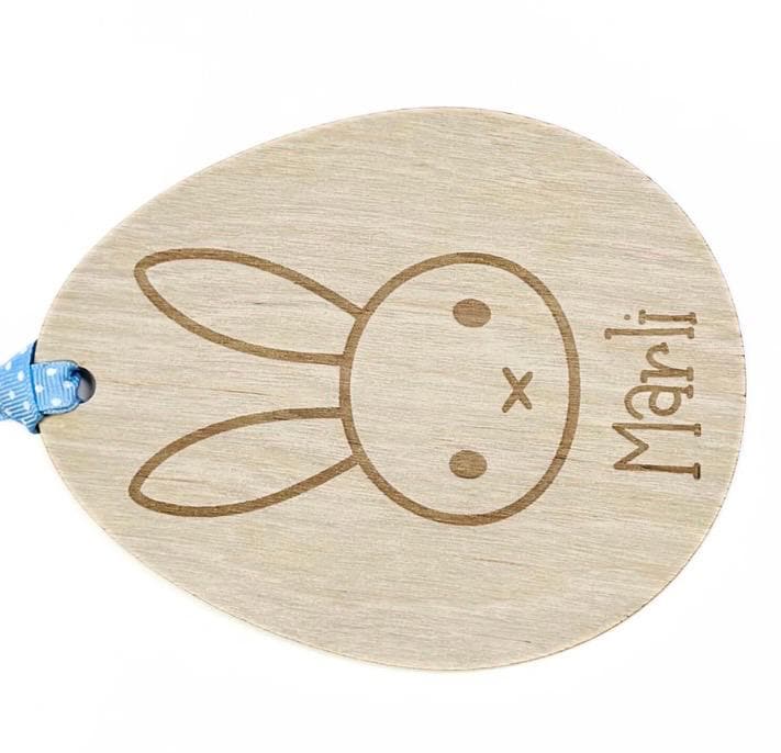 Personalised Easter Bunny Egg Tag by Make It Personal Gift Co, wooden or acrylic name label for baskets, bunny-shaped keepsake.