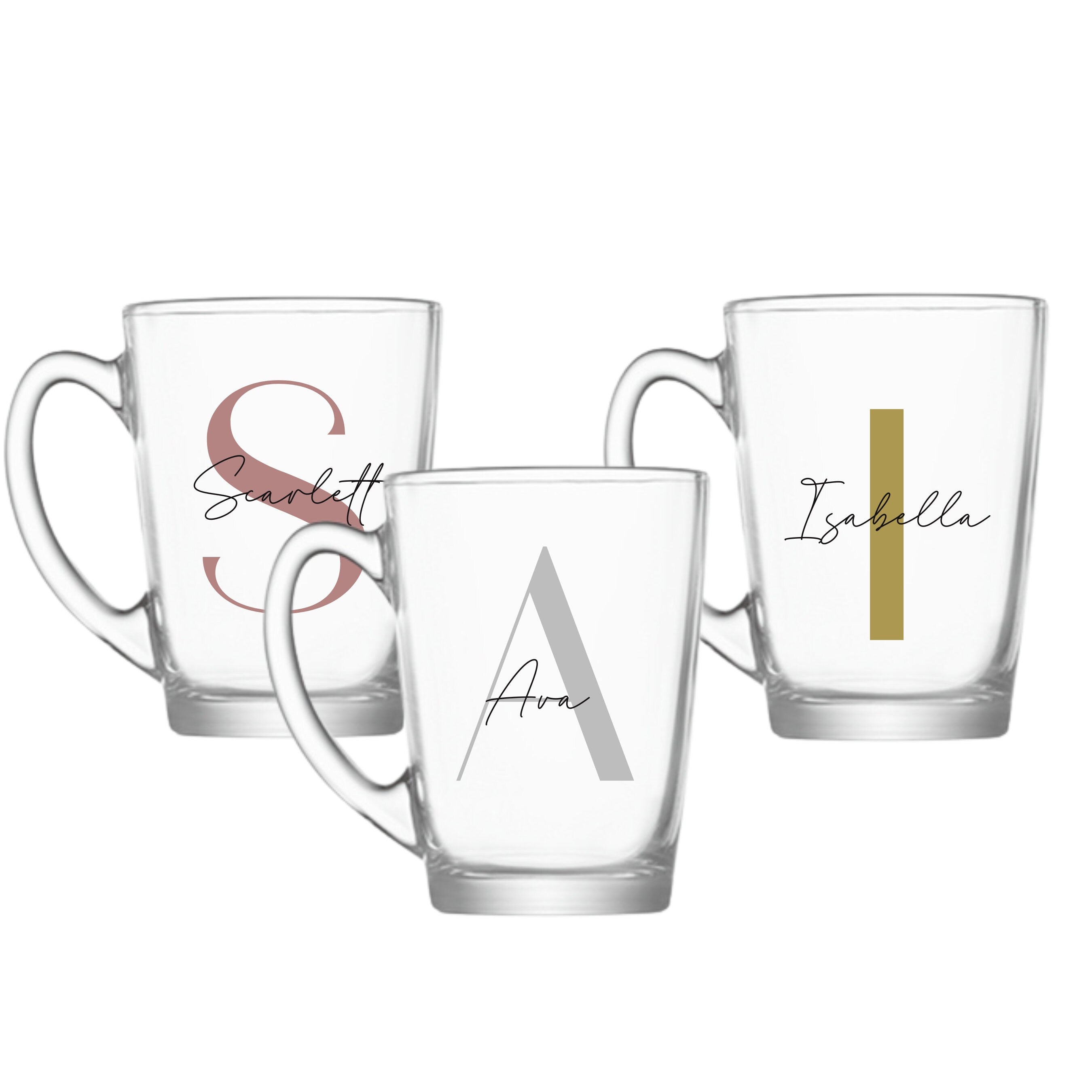 Personalised glass coffee mug with modern script and sans serif font, featuring custom text design for a unique gift.