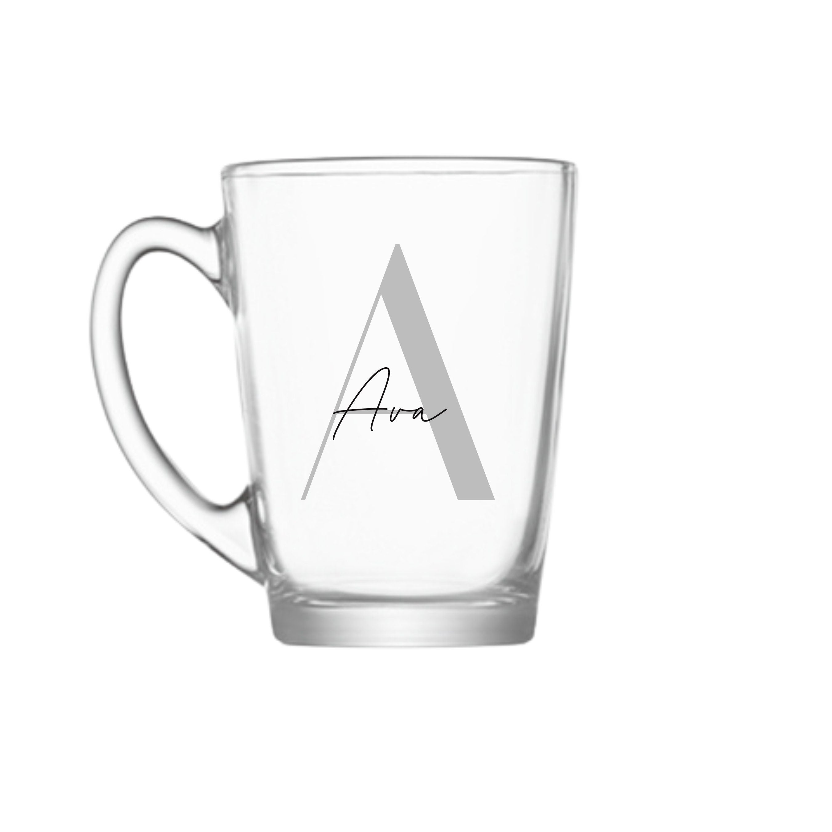 Personalised glass coffee mug with modern script and sans serif font, featuring custom text, by Make It Personal Gift Co.