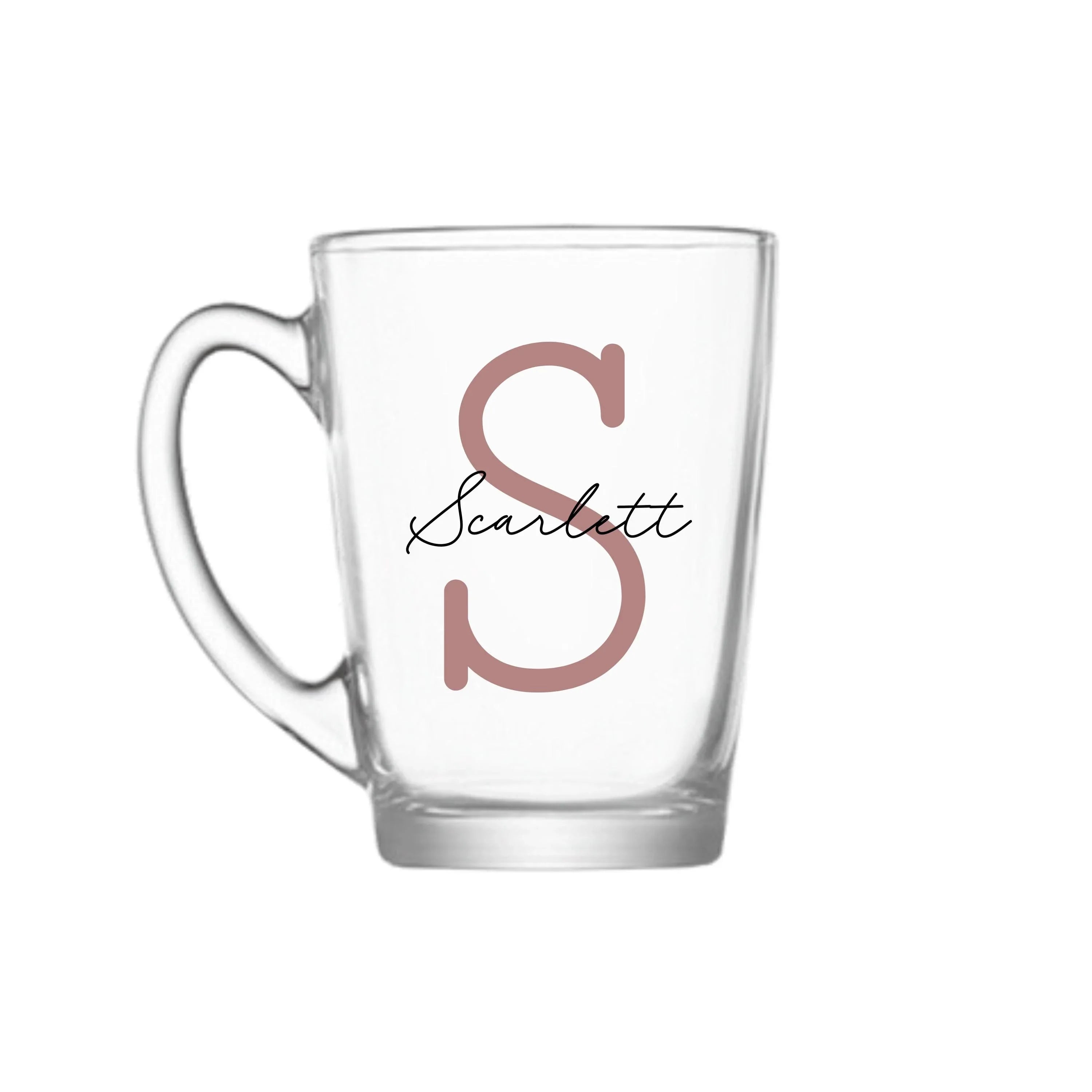 Personalised glass coffee mug with monoline script and slab serif font, featuring custom text design by Make It Personal Gift Co.