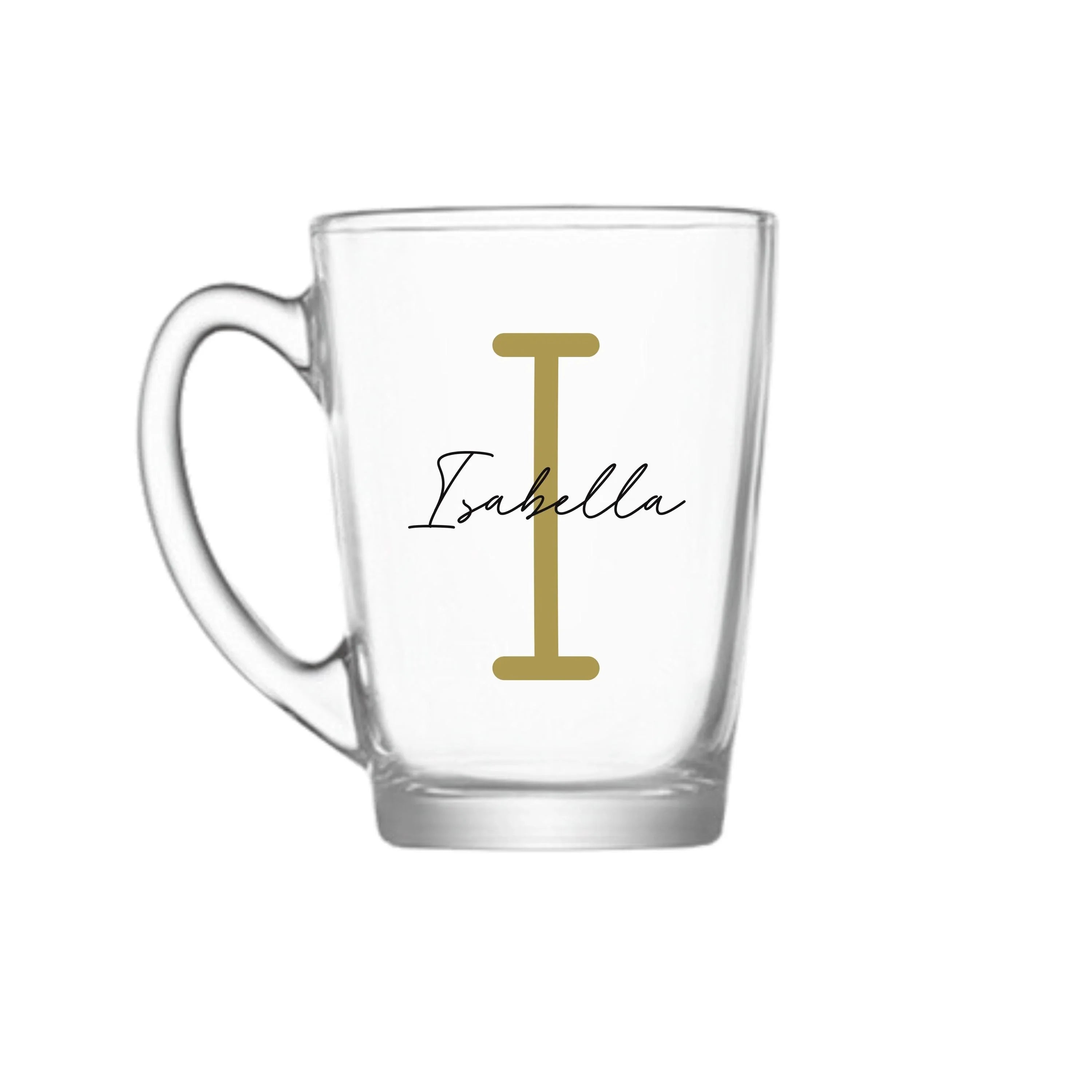 Personalised glass coffee mug with monoline script and slab serif font, featuring custom text design on clear glass.