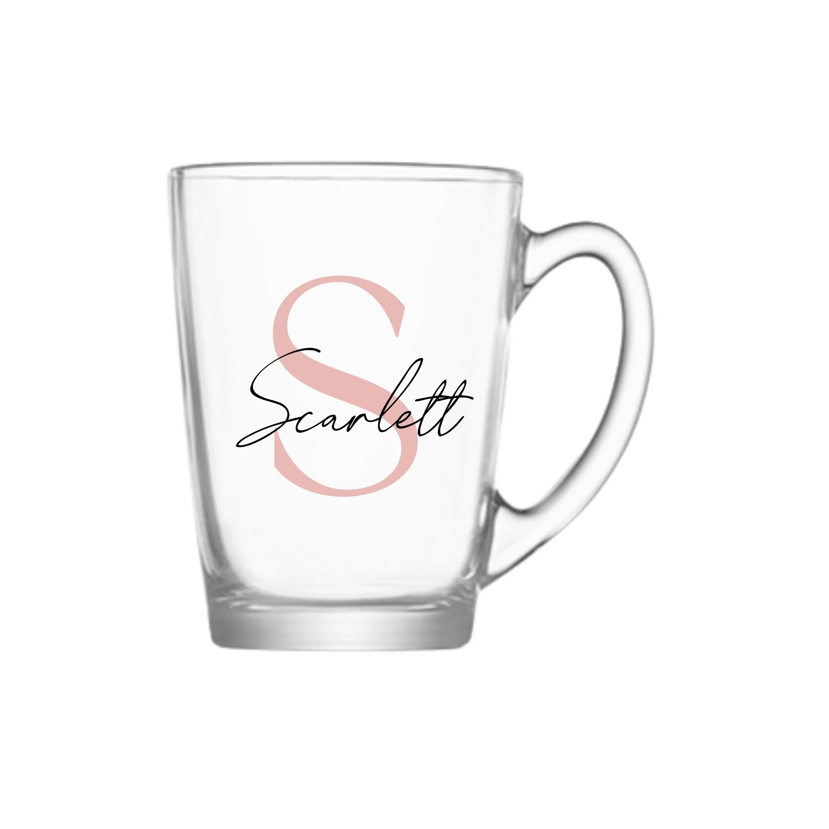 Personalised glass coffee mug with soft serif and script font, showcasing custom text design for a unique gift from Make It Personal Gift Co.