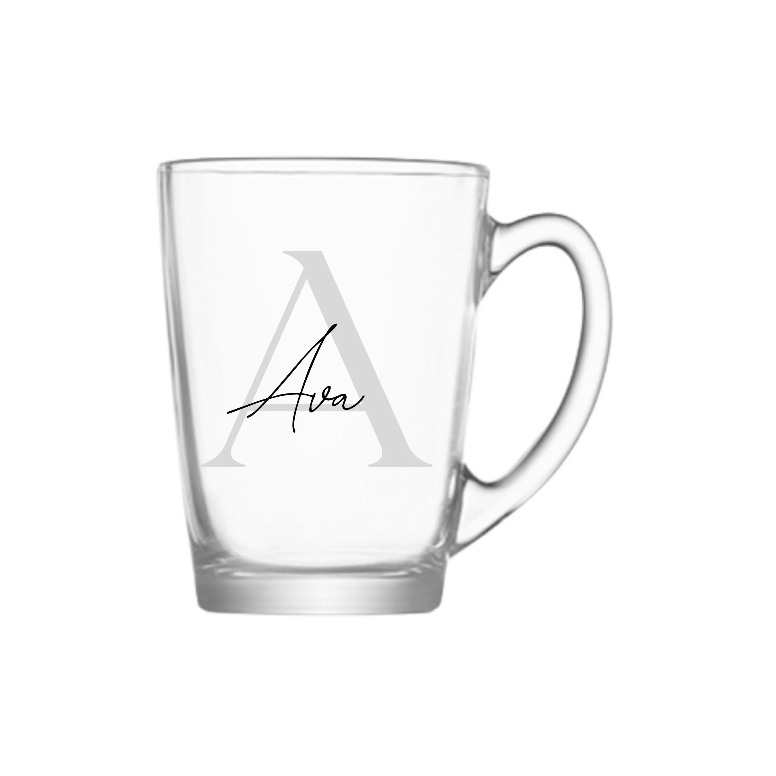 Personalised glass coffee mug with soft serif and script font design, showcasing a custom message on clear glass.