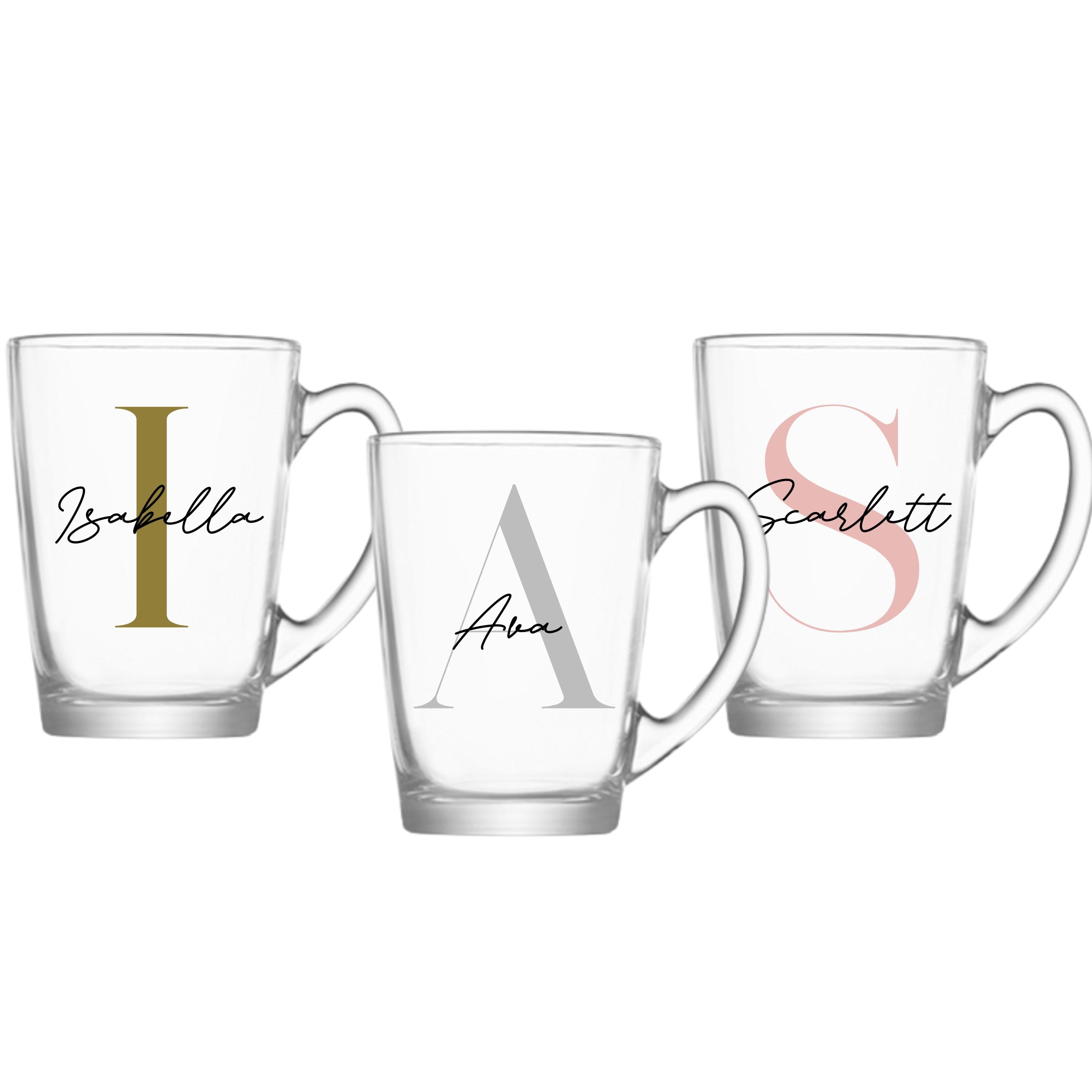 Personalized glass coffee mug with strong serif and script font, showcasing custom text design by Make It Personal Gift Co.