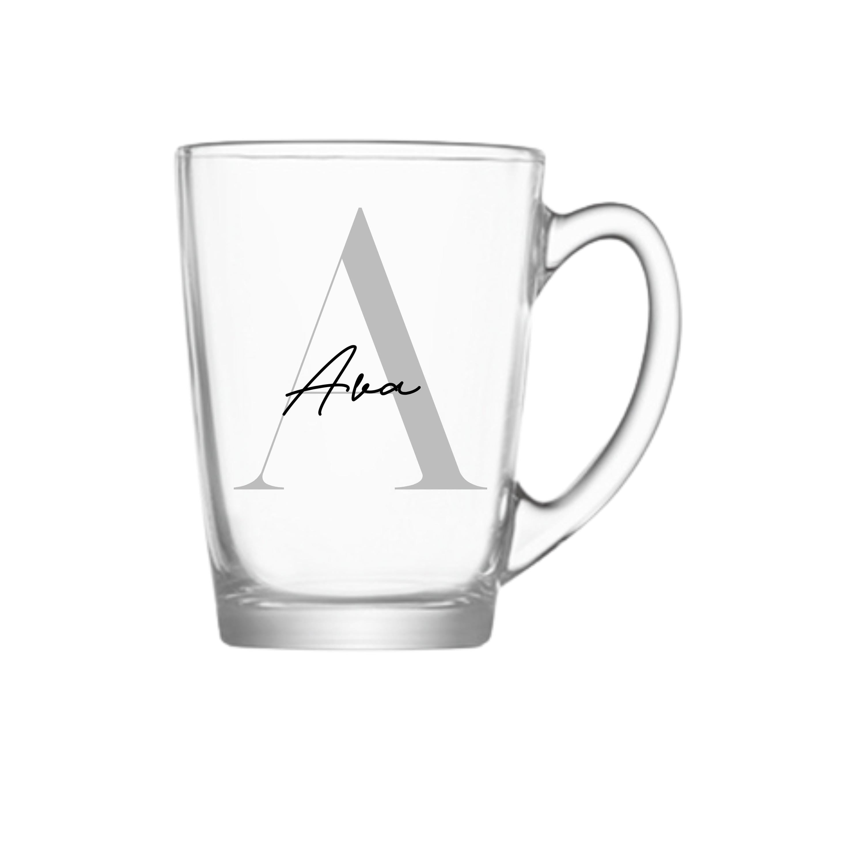 Personalised glass coffee mug with strong serif and script font, featuring custom text, from Make It Personal Gift Co.