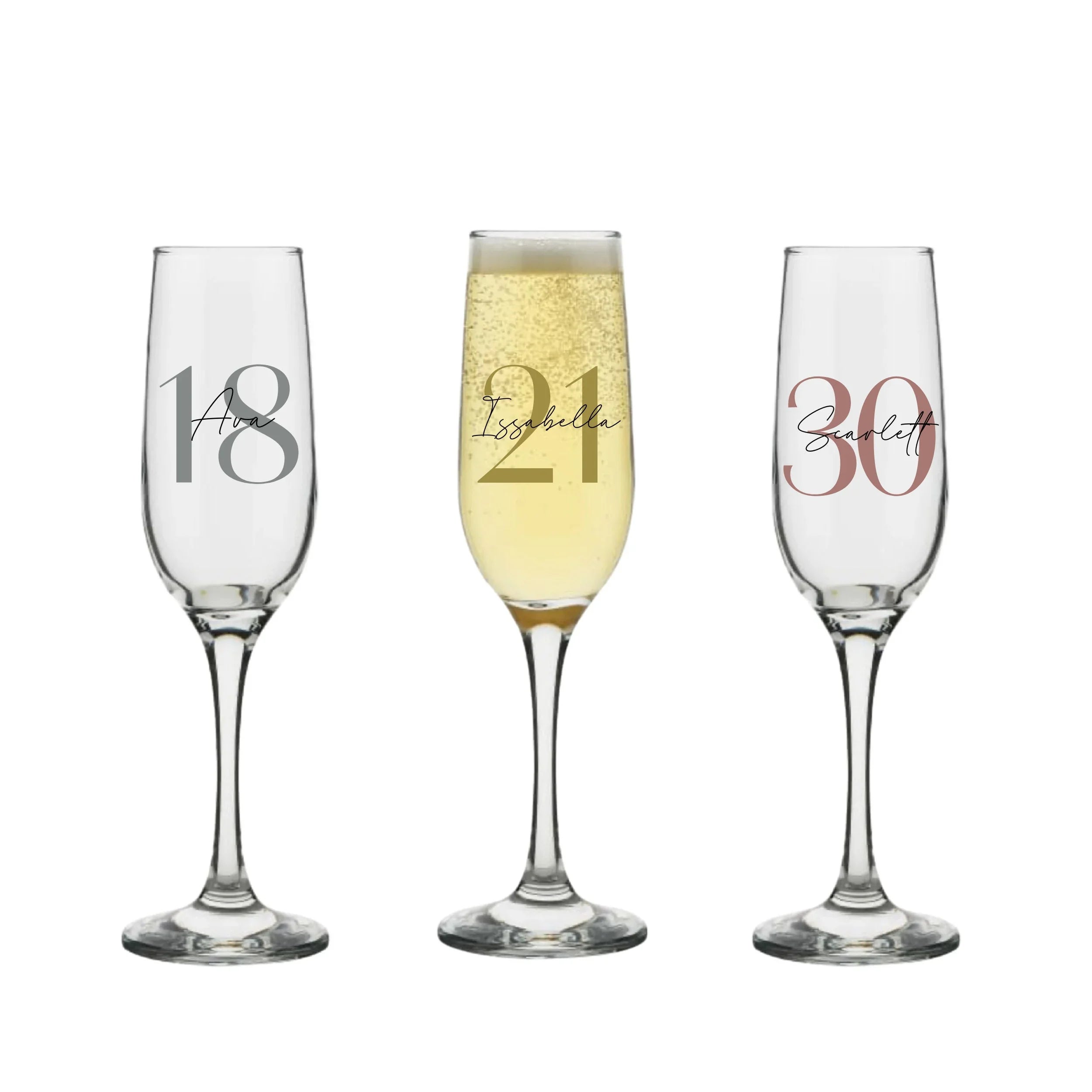 Personalised milestone champagne glass with modern script and sans serif font, featuring custom text for special celebrations.