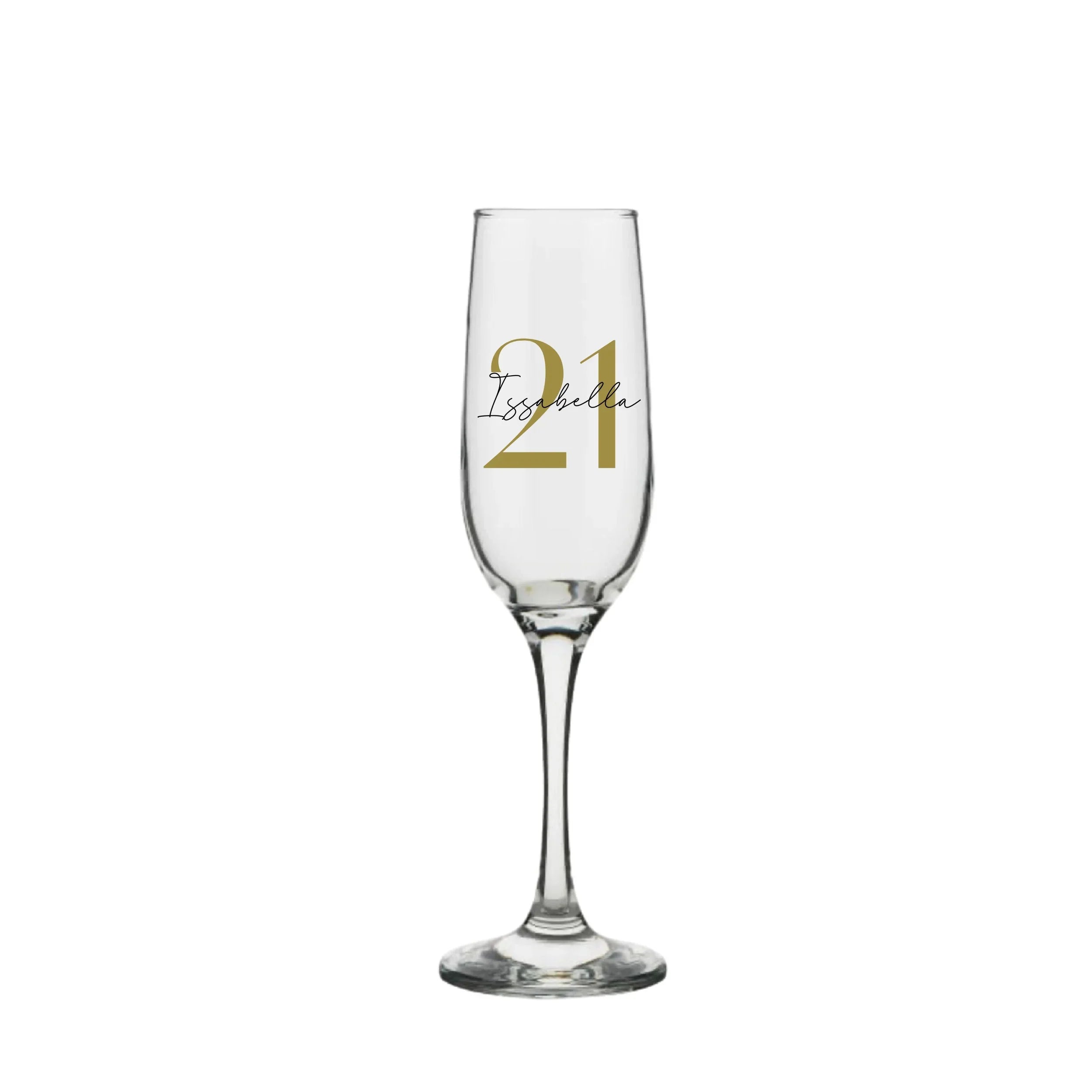 Personalised milestone champagne glass with modern script and sans serif font from Make It Personal Gift Co, featuring custom engraving.