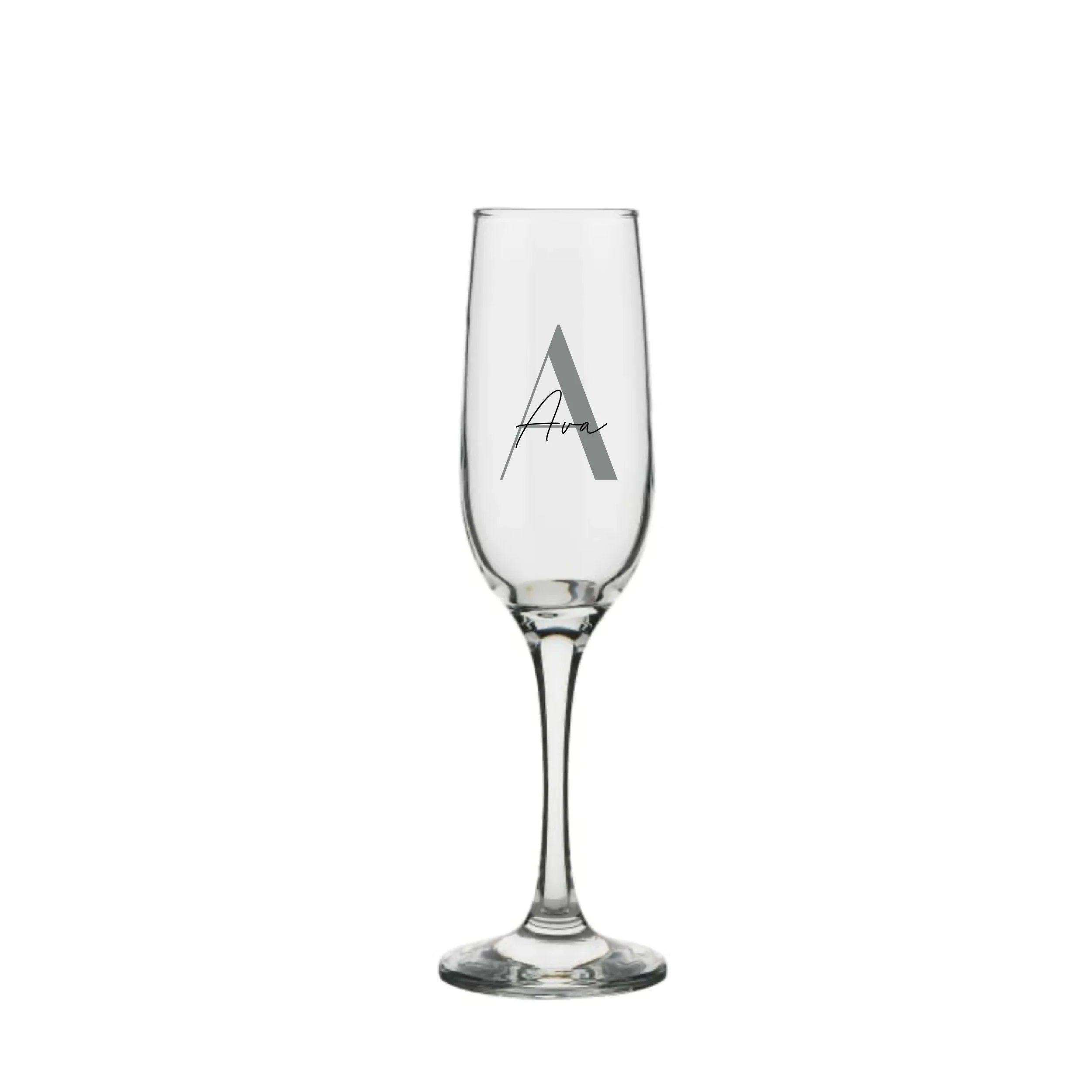 Personalised milestone champagne glass with modern script and sans serif font by Make It Personal Gift Co, featuring custom engraving.