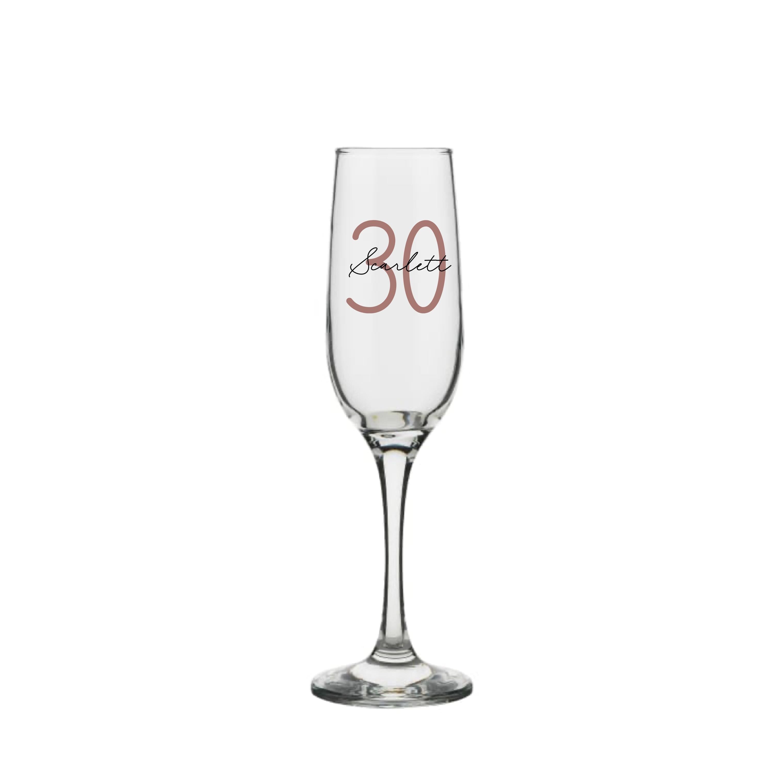 Personalised milestone champagne glass with monoline script and slab serif font, featuring custom engraving, from Make It Personal Gift Co.