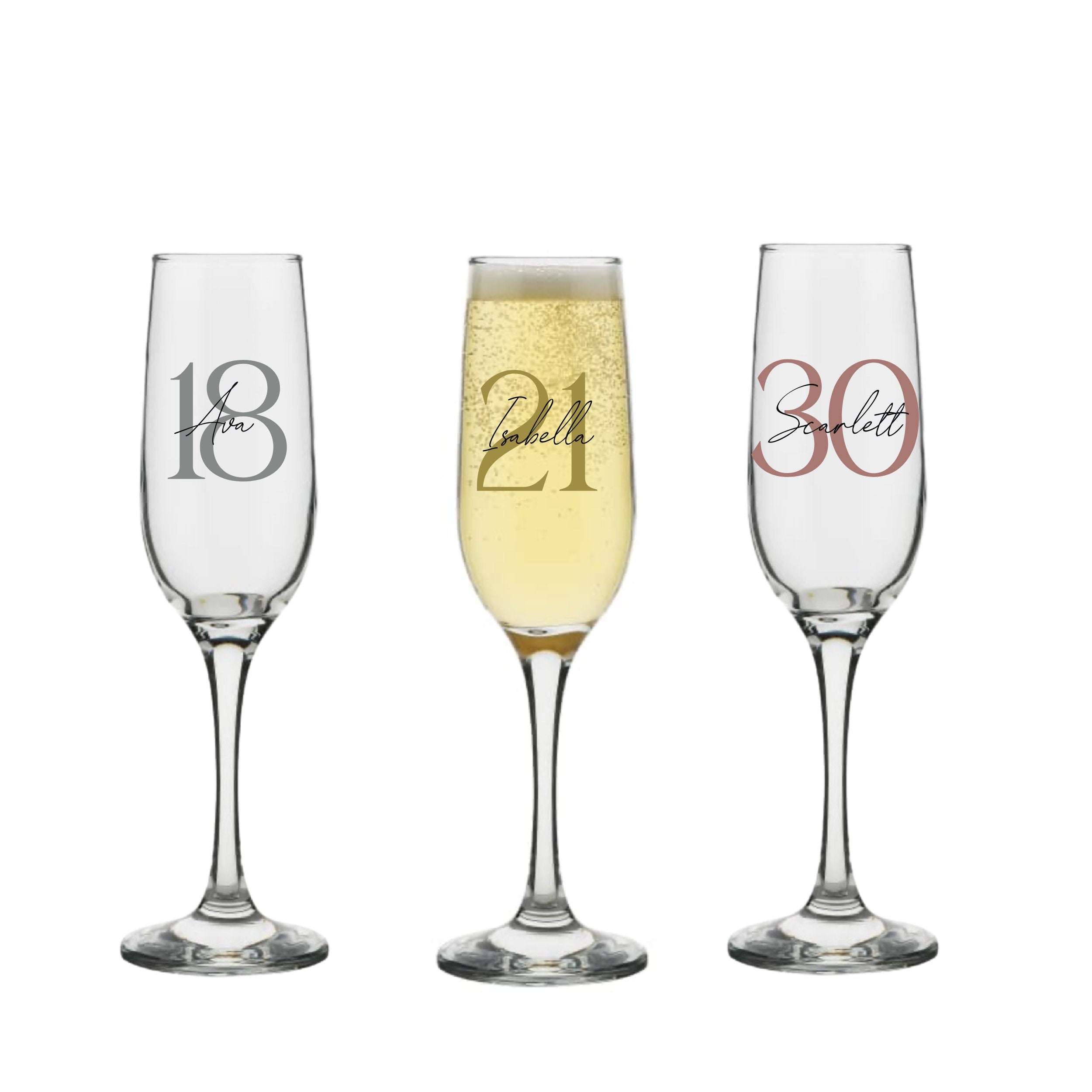 Personalized milestone champagne glass with soft serif and script font from Make It Personal Gift Co, featuring engraved custom text.